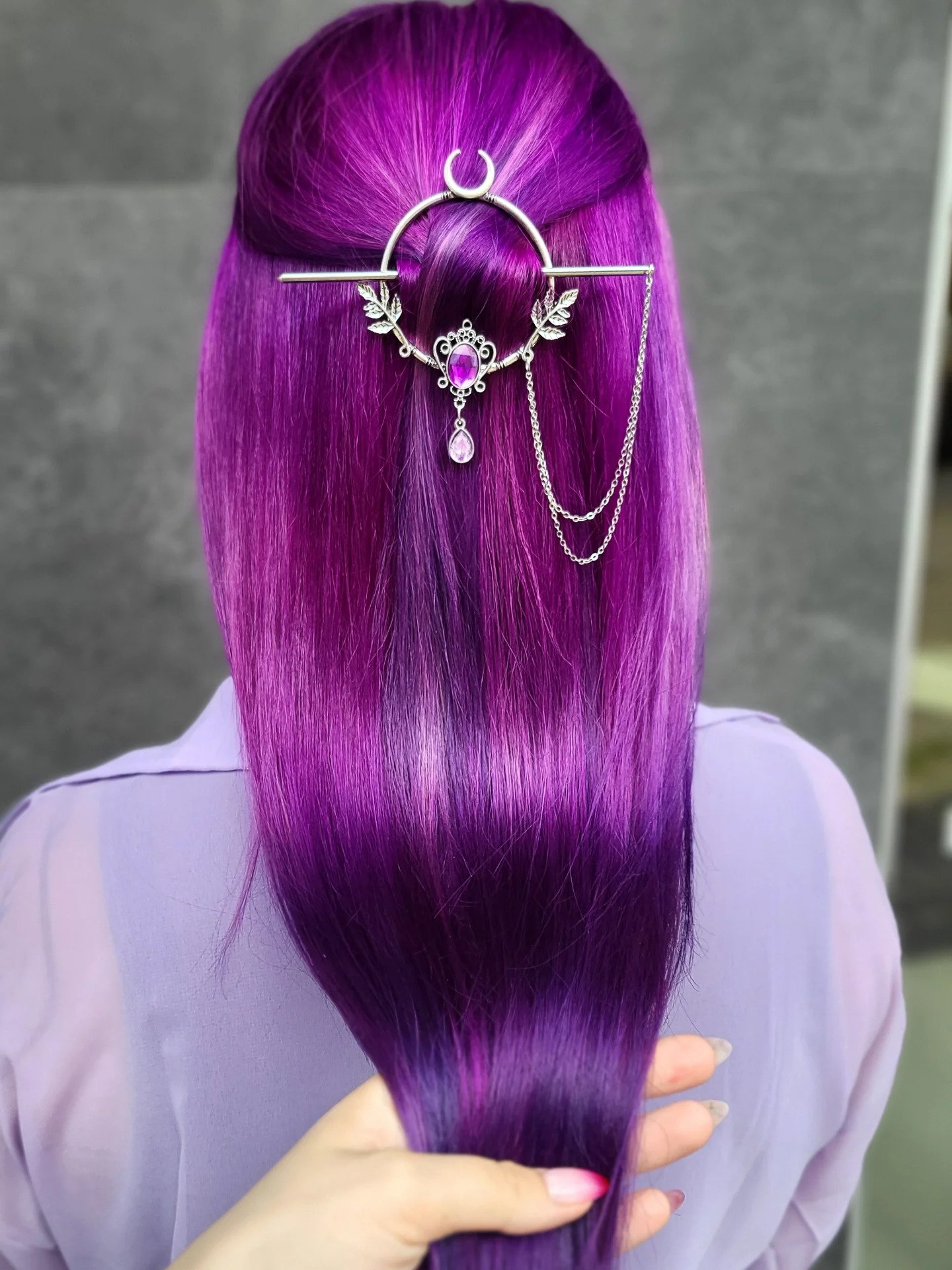 Enchanting Deep Violet Ombre With Moon Hair Clip