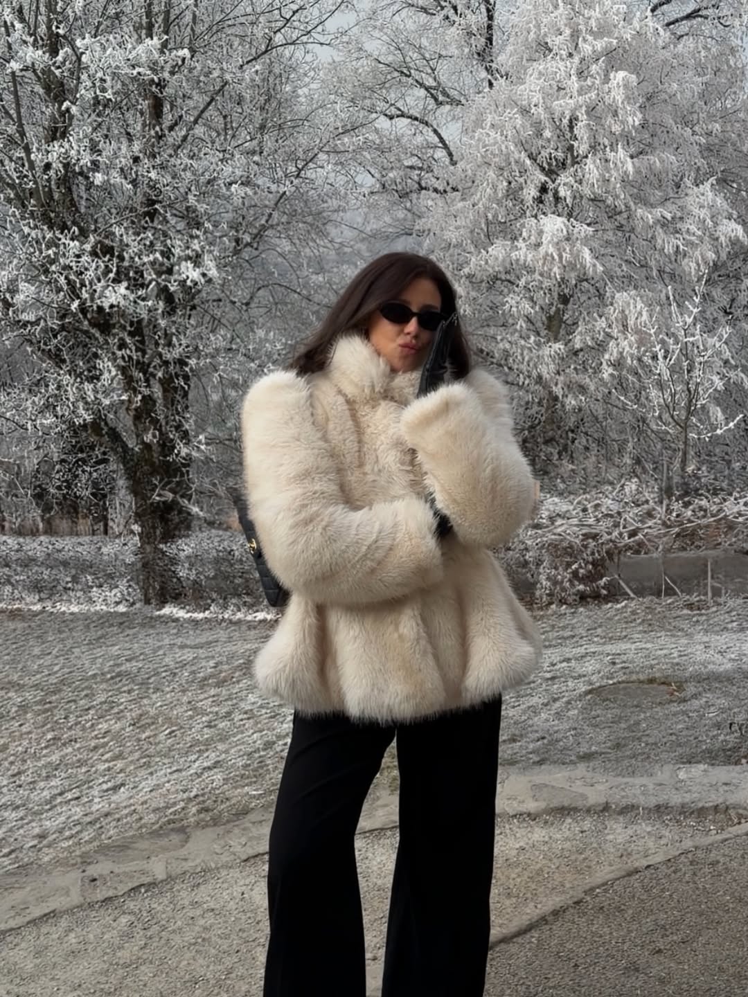 Faux Fur Coat And Black Trousers Winter Look