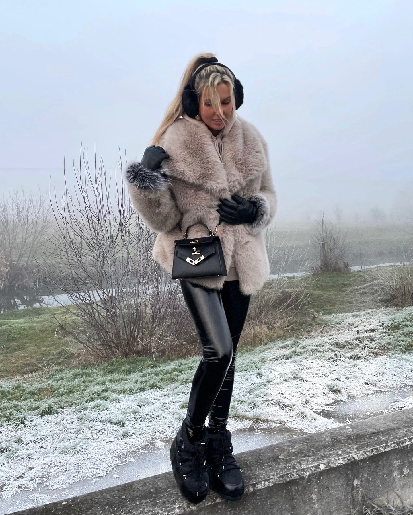 Faux Fur Coat And Latex Pants Winter Look