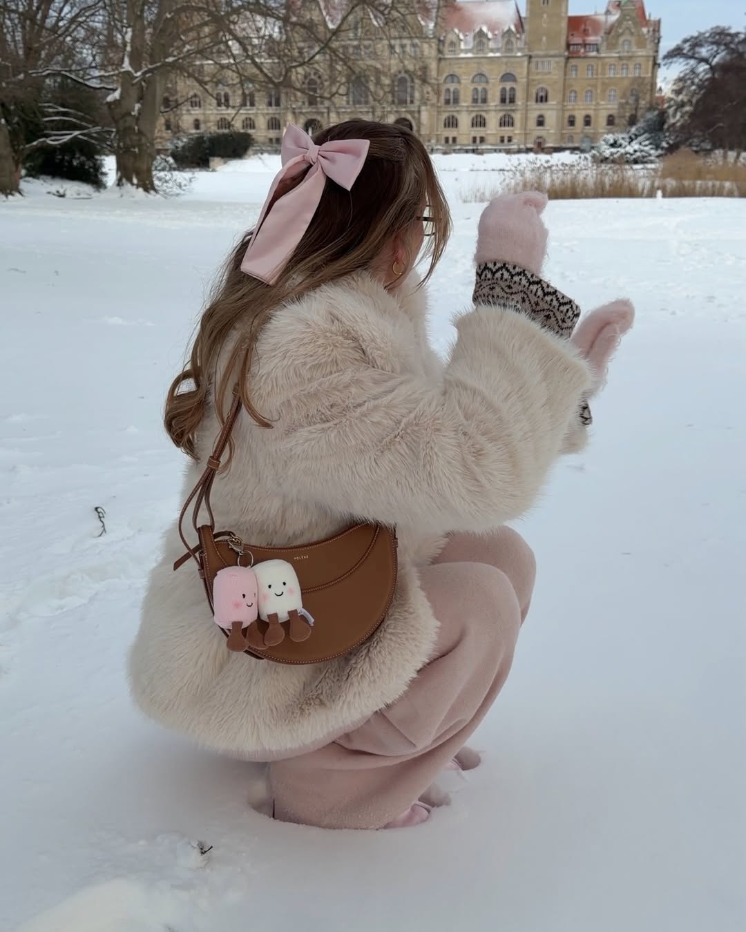 Faux Fur Coat With Pastel Pink Trousers Winter Look