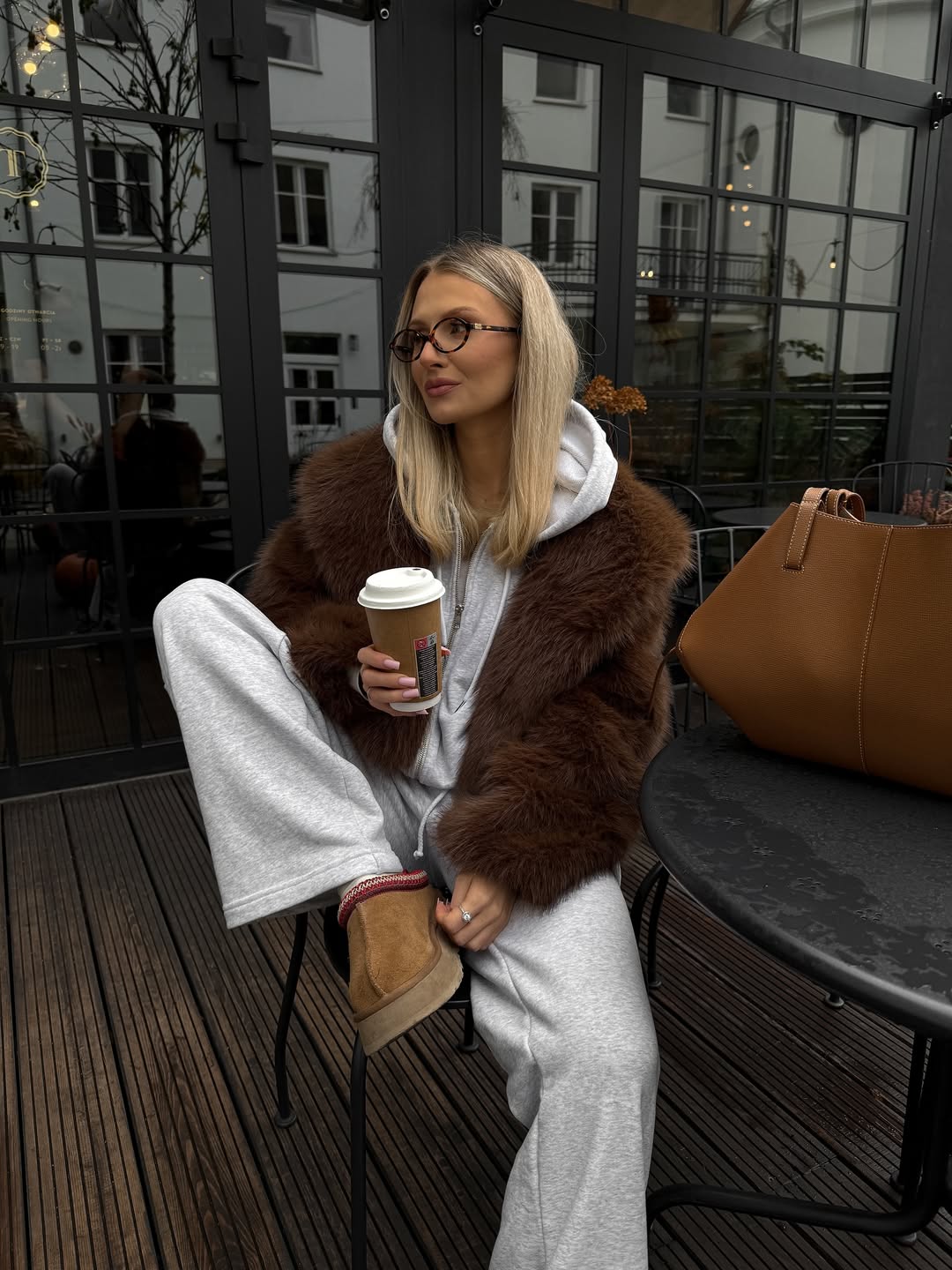 Faux Fur Jacket Styled Over Grey Sweatpant Set