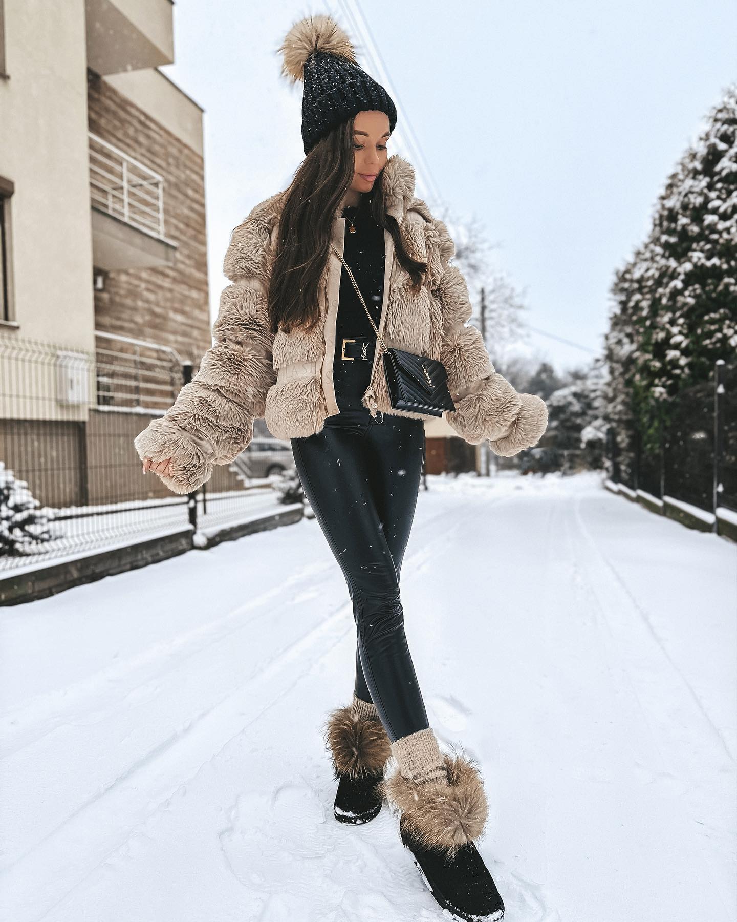 Faux Fur Jacket With Leather Pants Winter Look