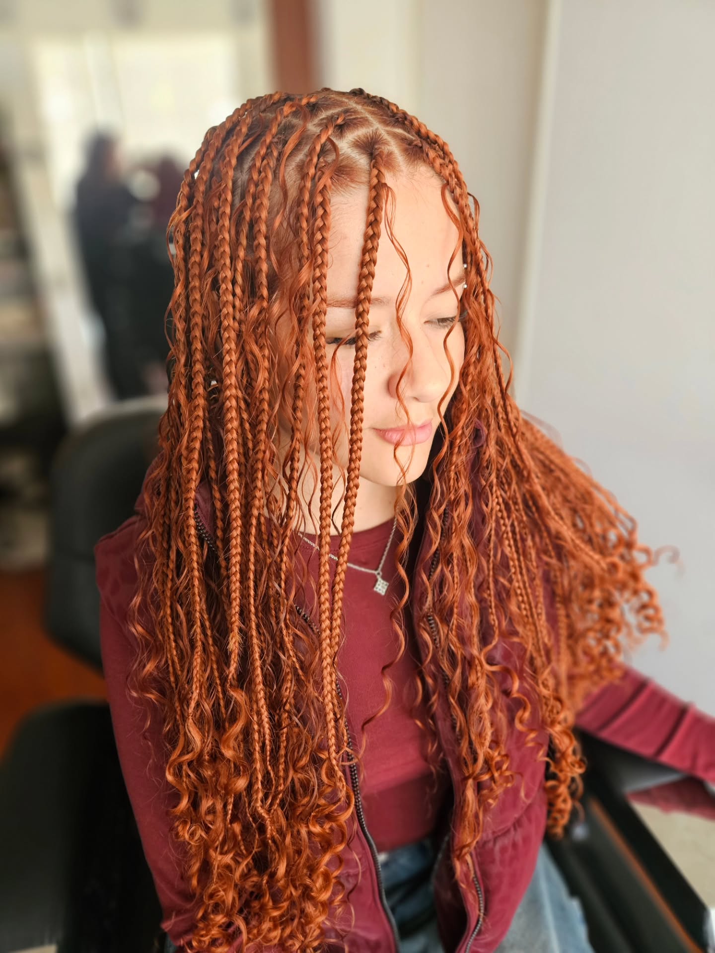 Fiery Copper Boho Knotless Braids With Curls