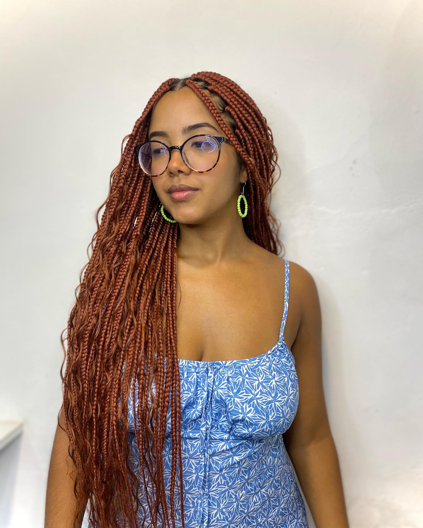 Fiery Red Box Braids With Wavy Ends