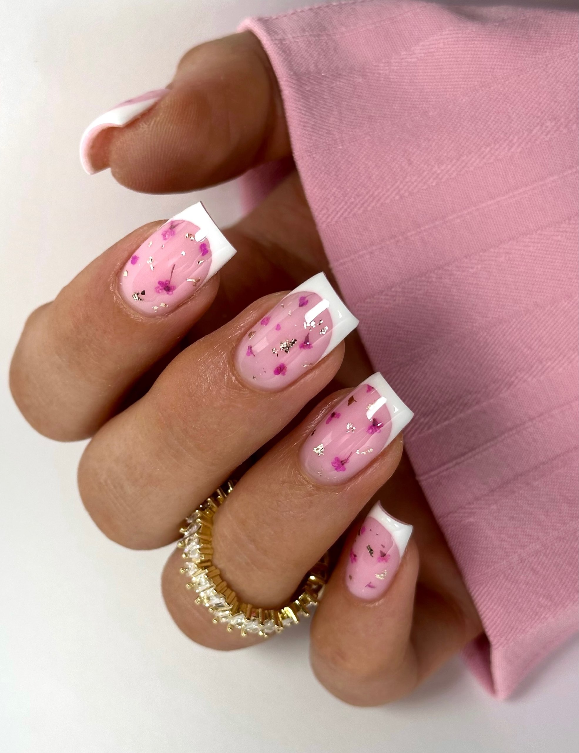 Floral French Tips with Gold Flakes