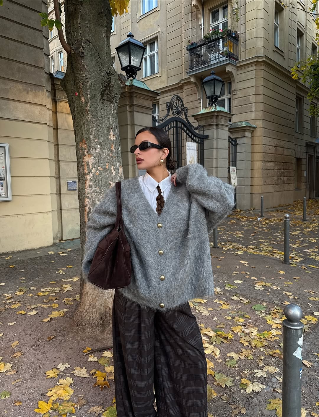 Fluffy Grey Cardigan And Plaid Trousers Fall Look