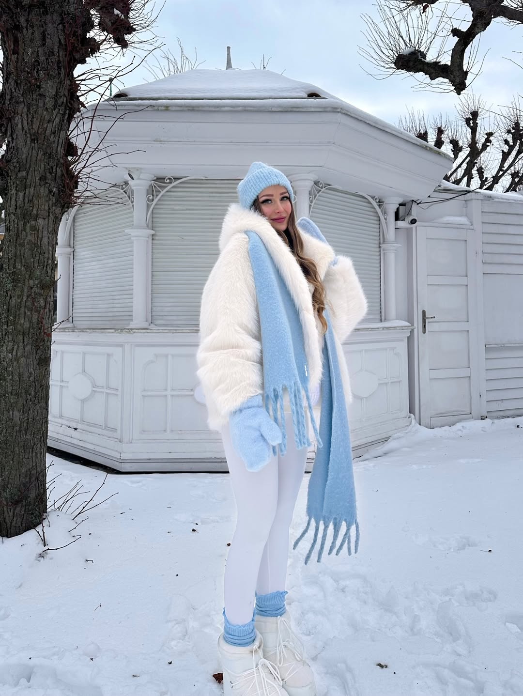Fluffy White Coat And Pastel Winter Accessories