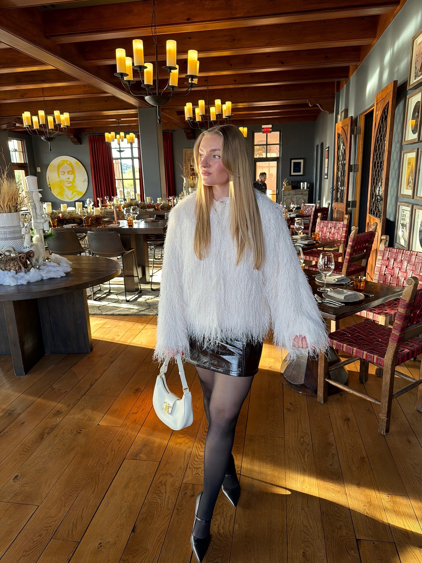 Fluffy White Sweater And Patent Mini Skirt