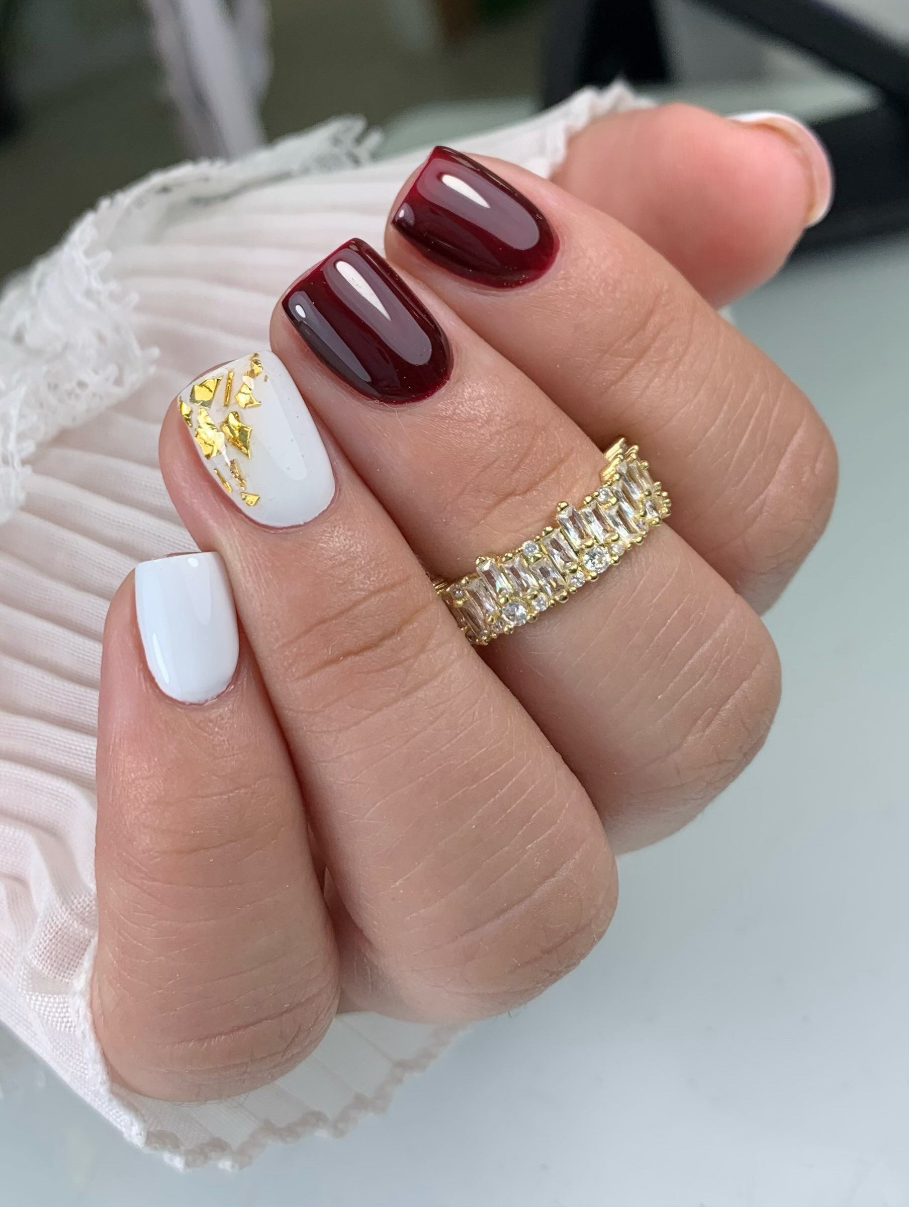 Glossy Burgundy and Gold Leaf Square Nails