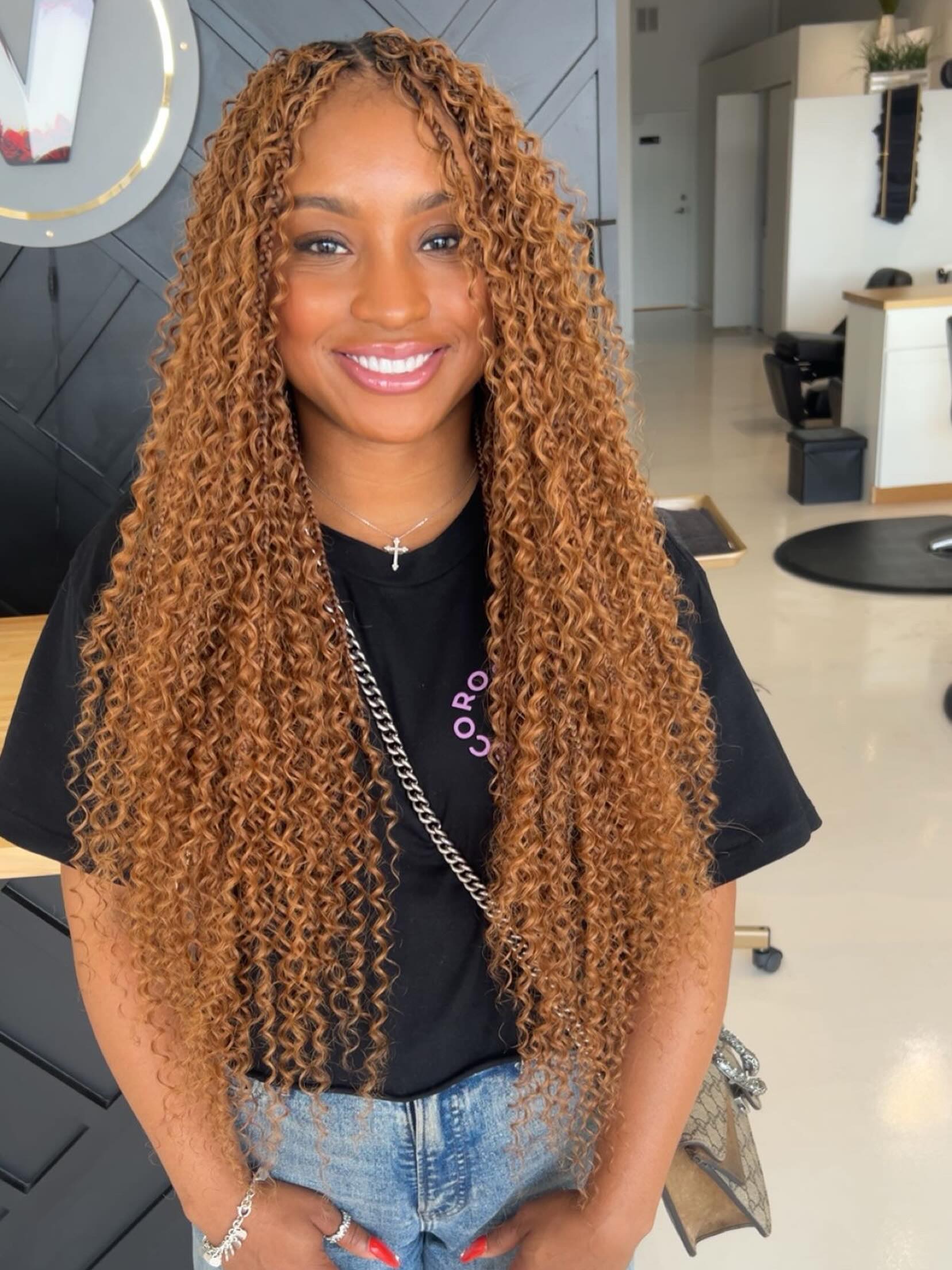 Golden Honey Boho Knotless Braids With Defined Curls