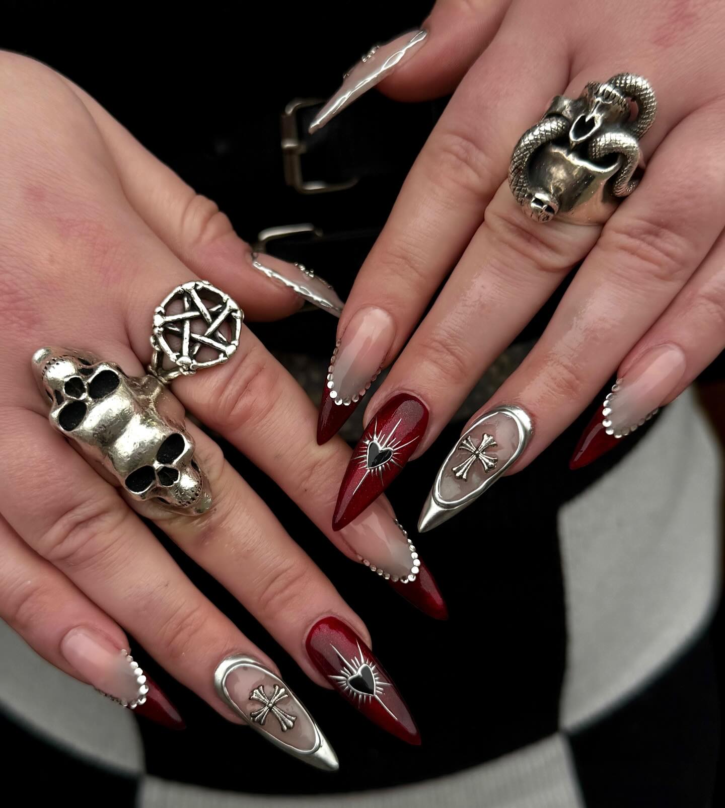 Gothic Burgundy Heart & Cross Stiletto Nails