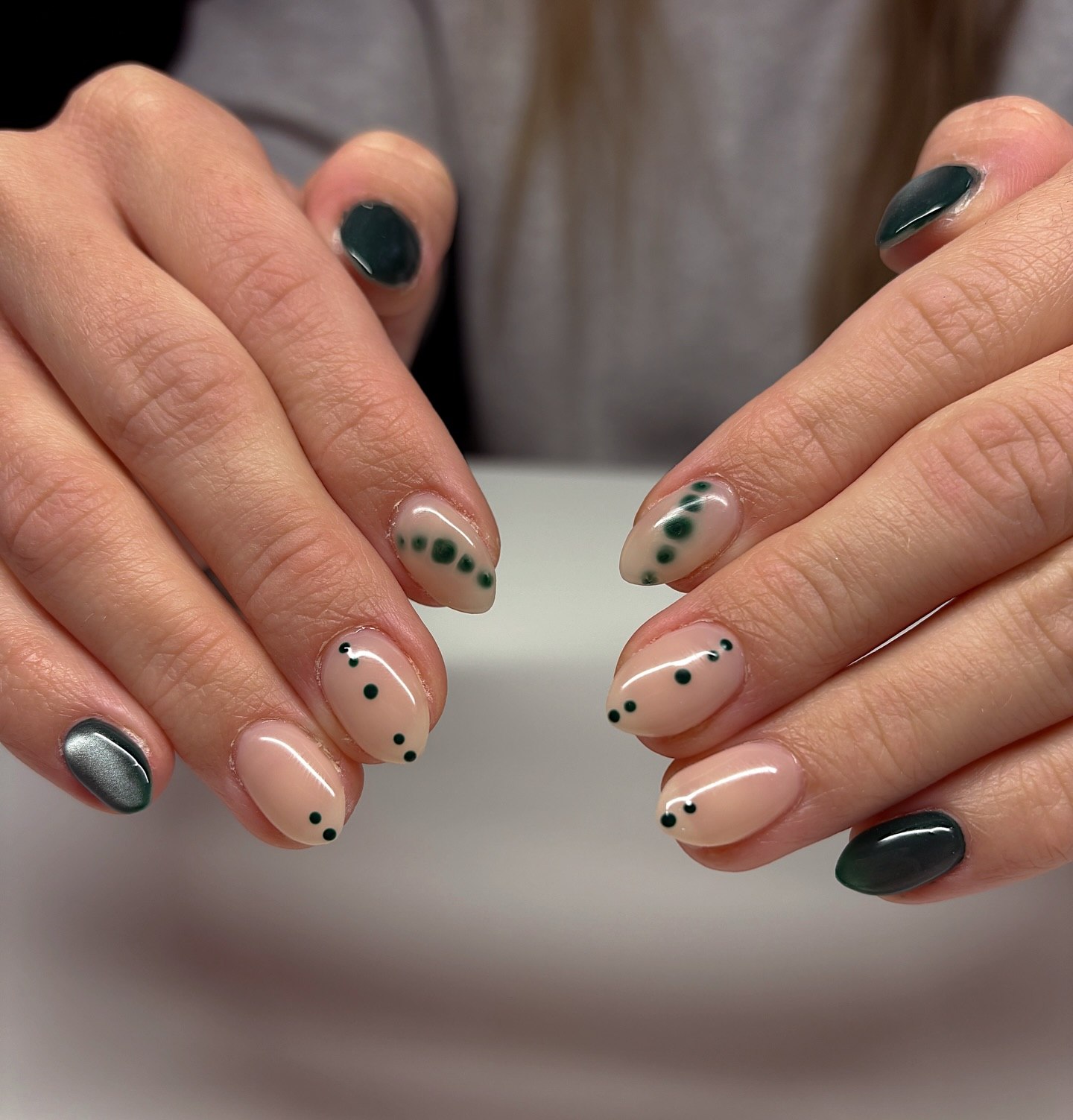 Green Dot Abstract Neutral Almond Nails