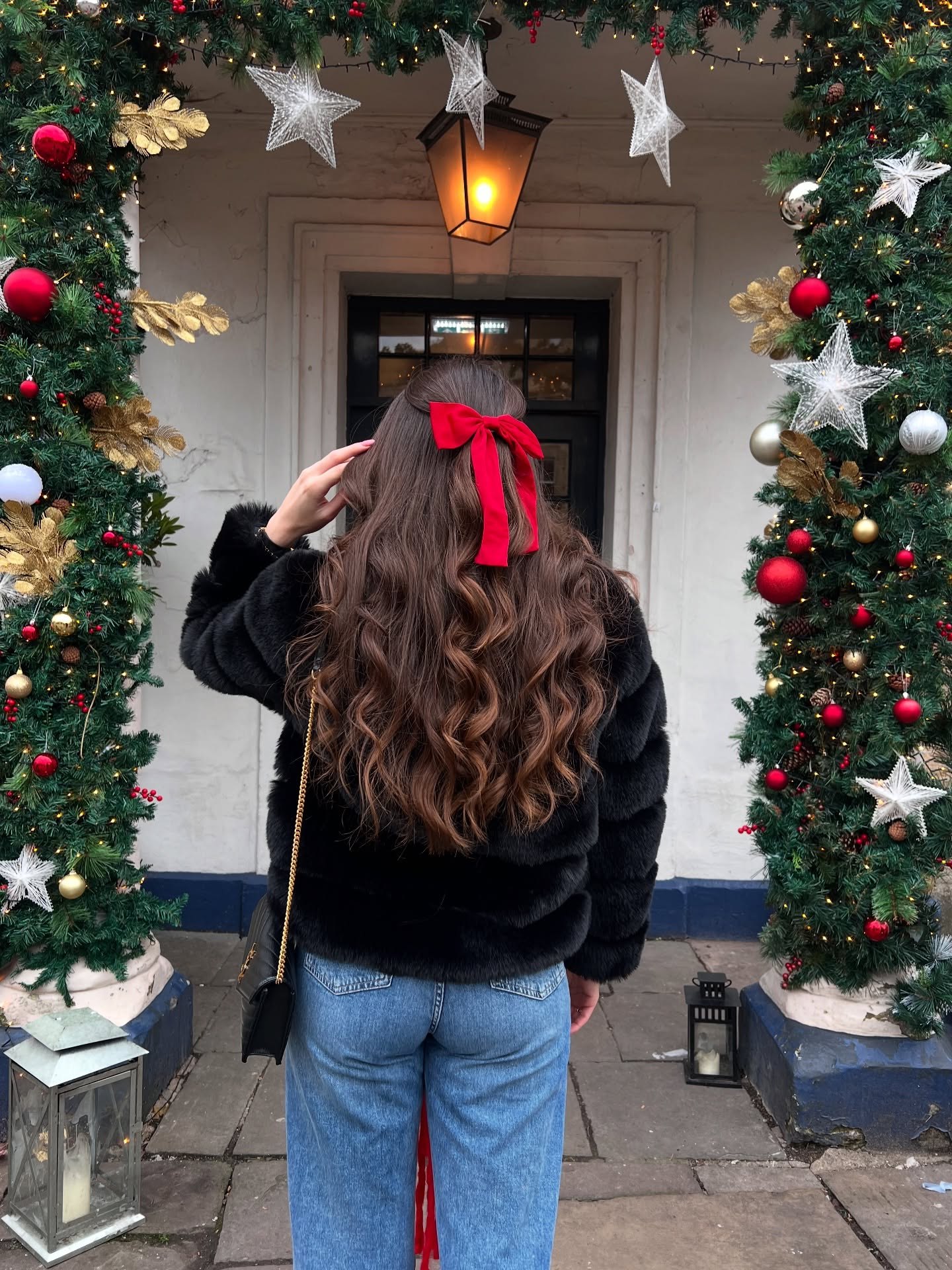 Half Up Long Waves With Red Velvet Bow