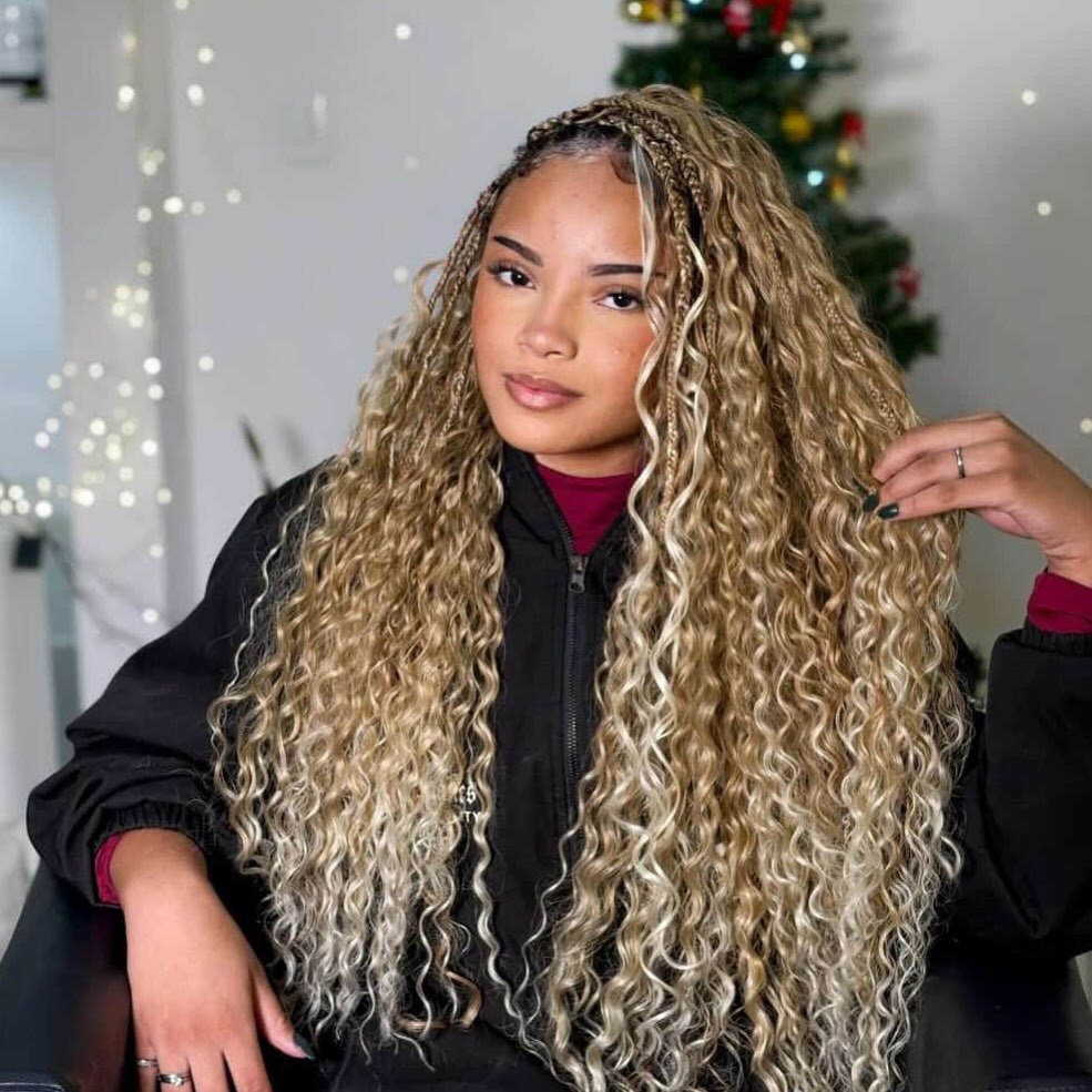 Honey Blonde Goddess Braids With Curly Texture