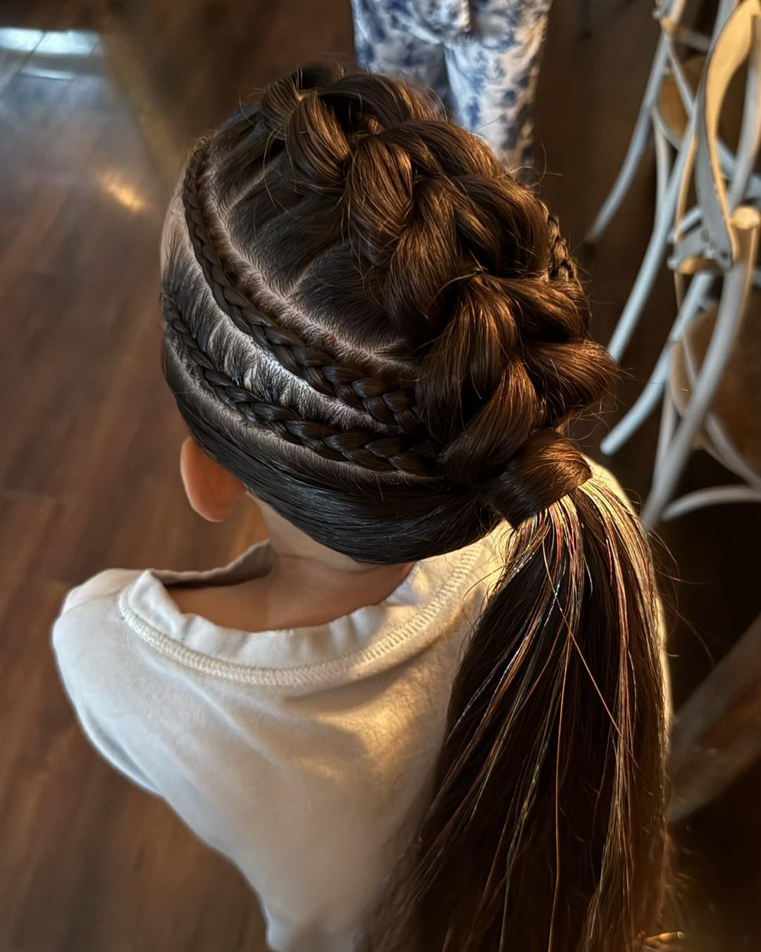 Intricate Dutch Braided Ponytail With Colorful Hair Tinsel