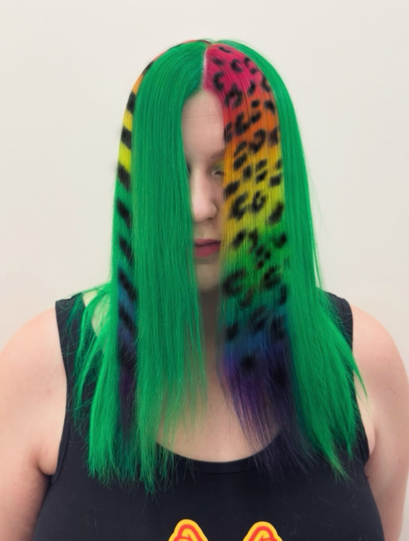 Leopard Print & Rainbow Panels Bold Green Hair