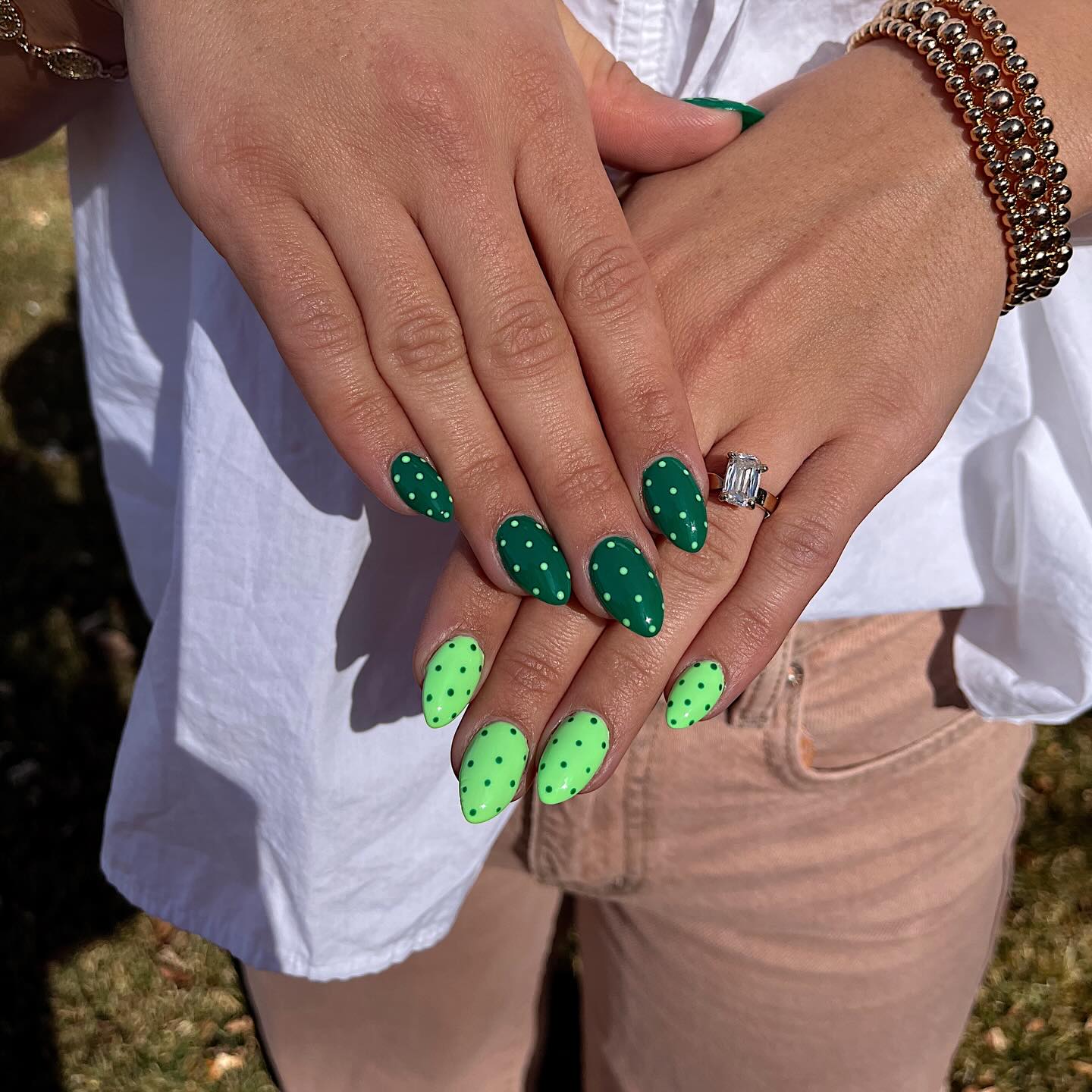 Lime & Emerald Green Polka Dot Almond Nails