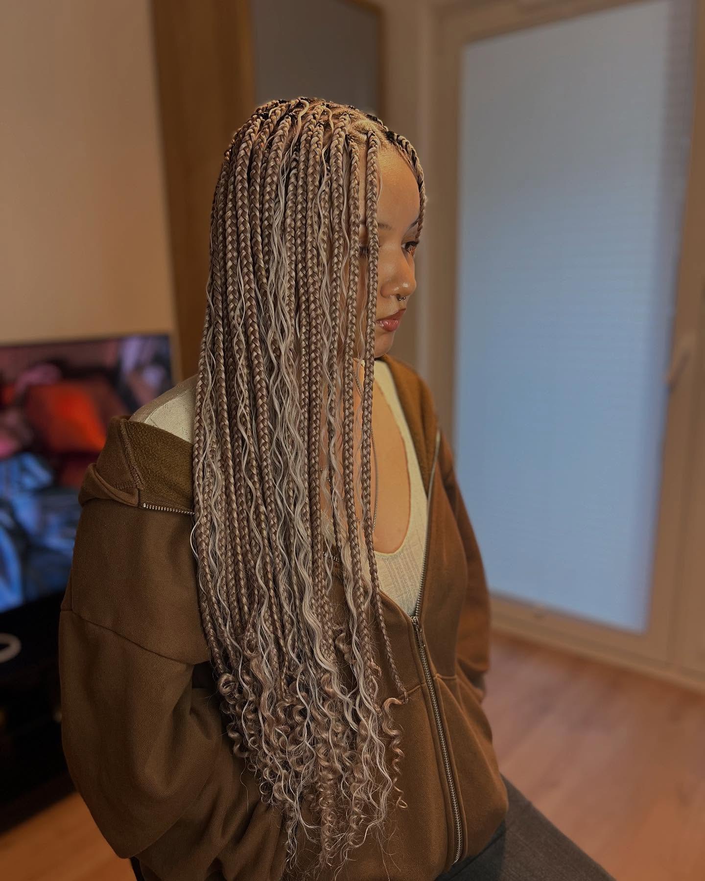 Long Boho Knotless Braids With Curly Ends