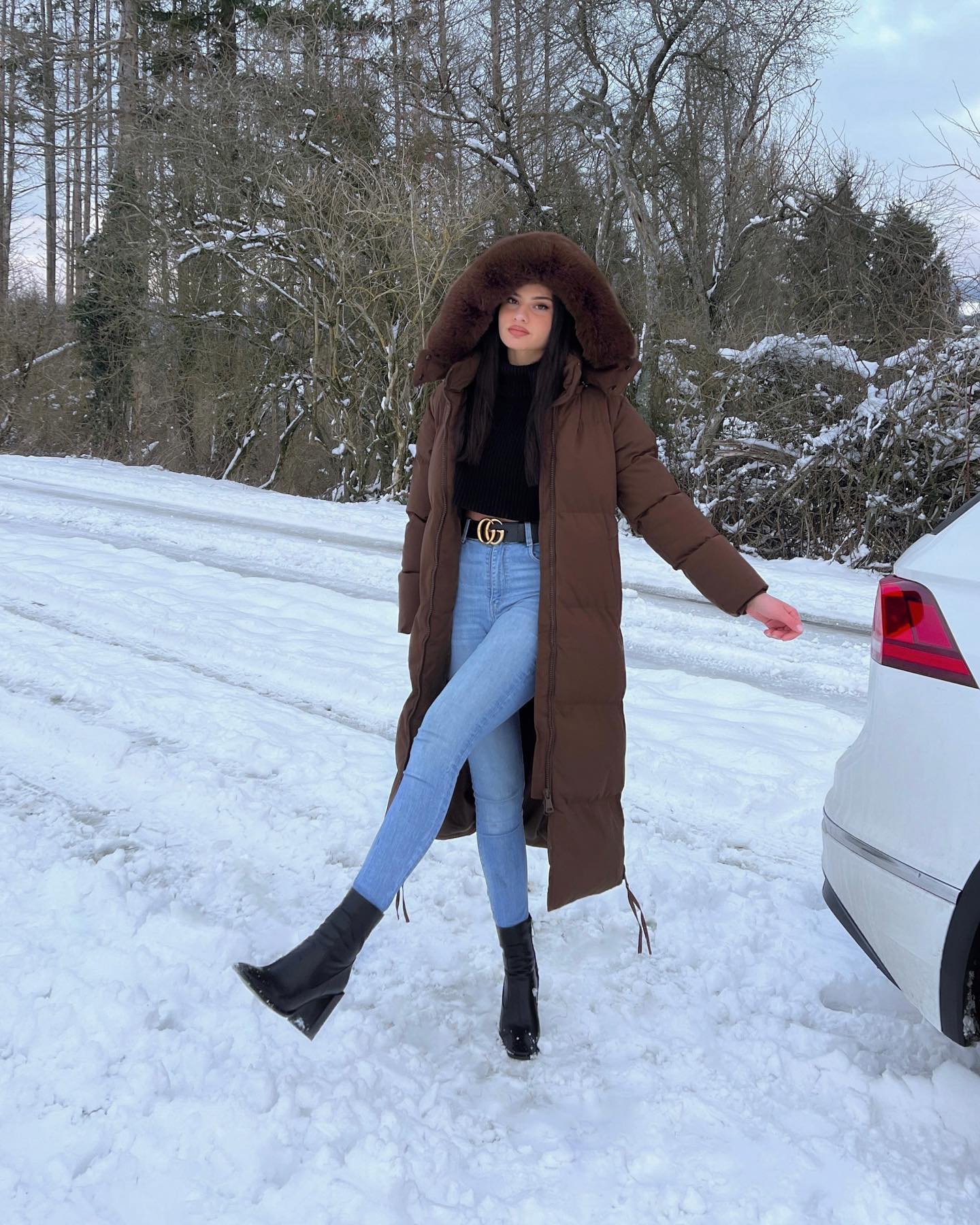 Long Puffer Coat With Fitted Jeans Winter Style