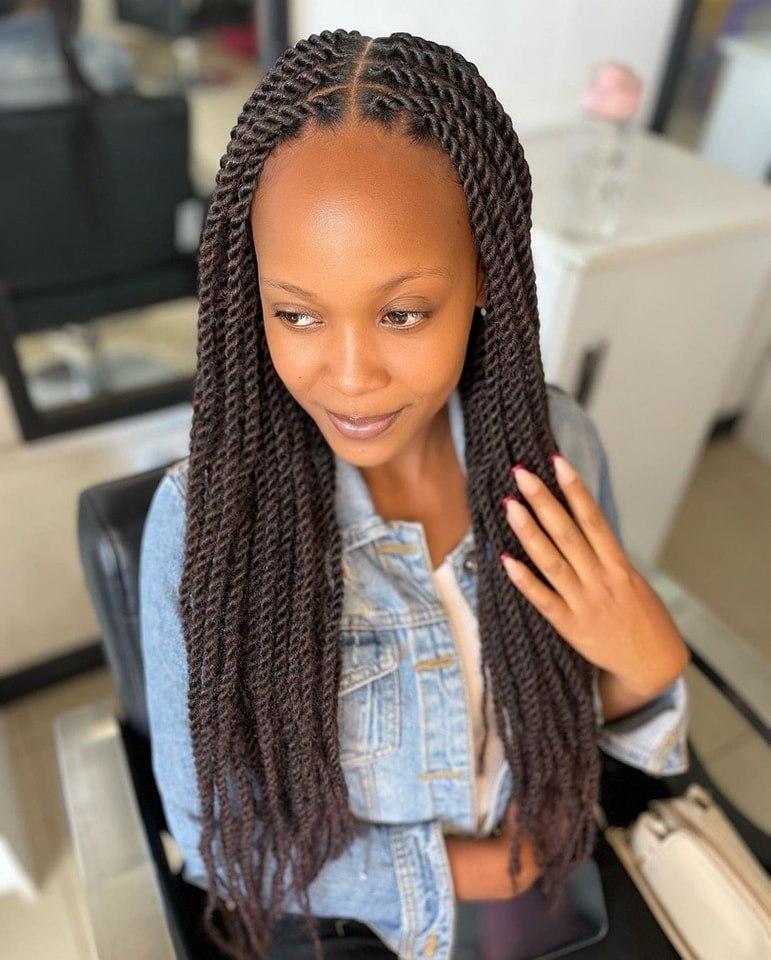 Long Sleek Kinky Twist With Middle Part