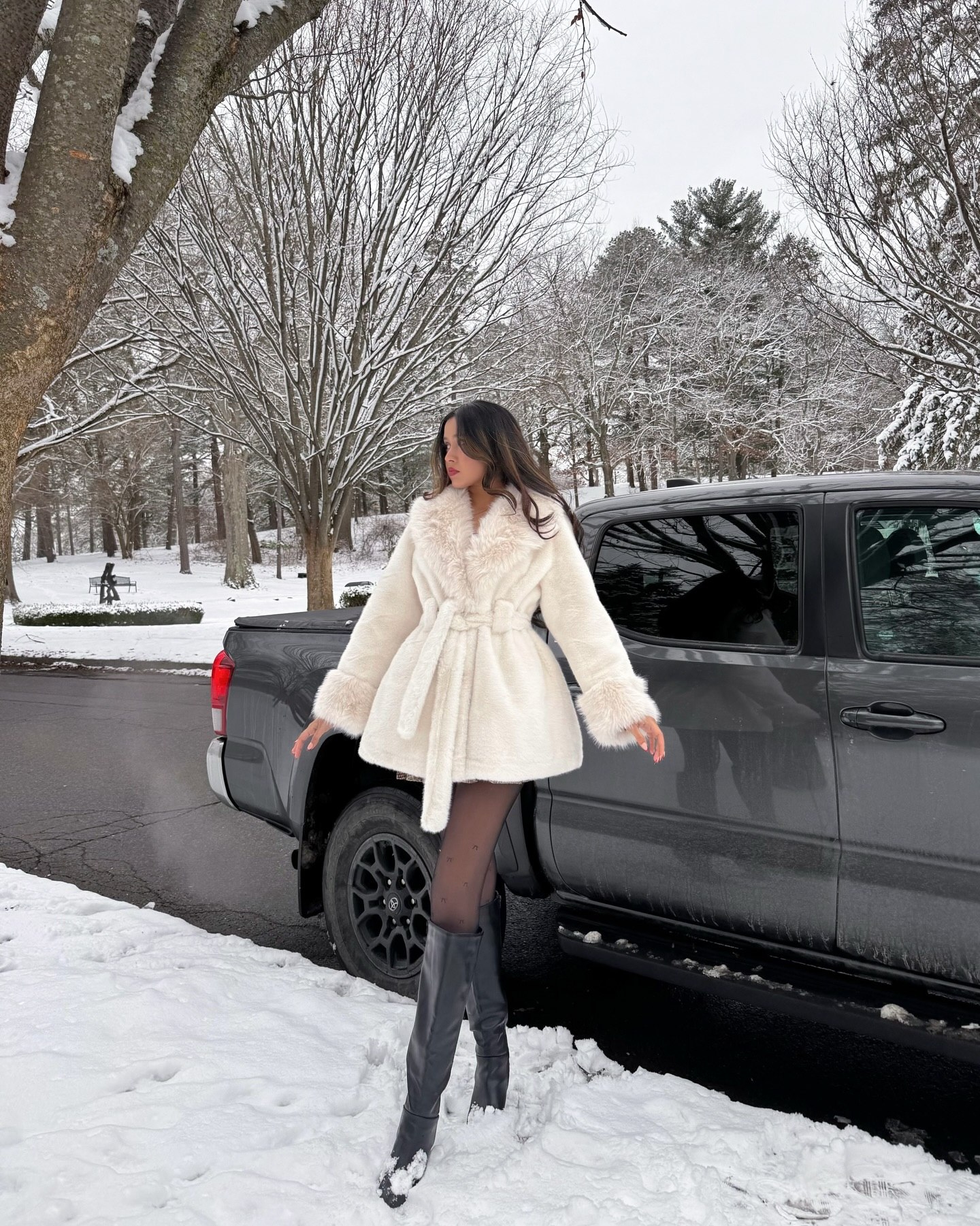 Luxurious Cream Faux Fur Coat With Black Boots