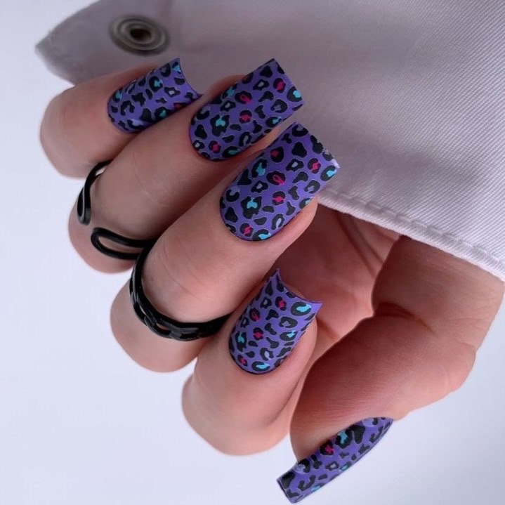 Matte Purple Leopard Print Square Nails