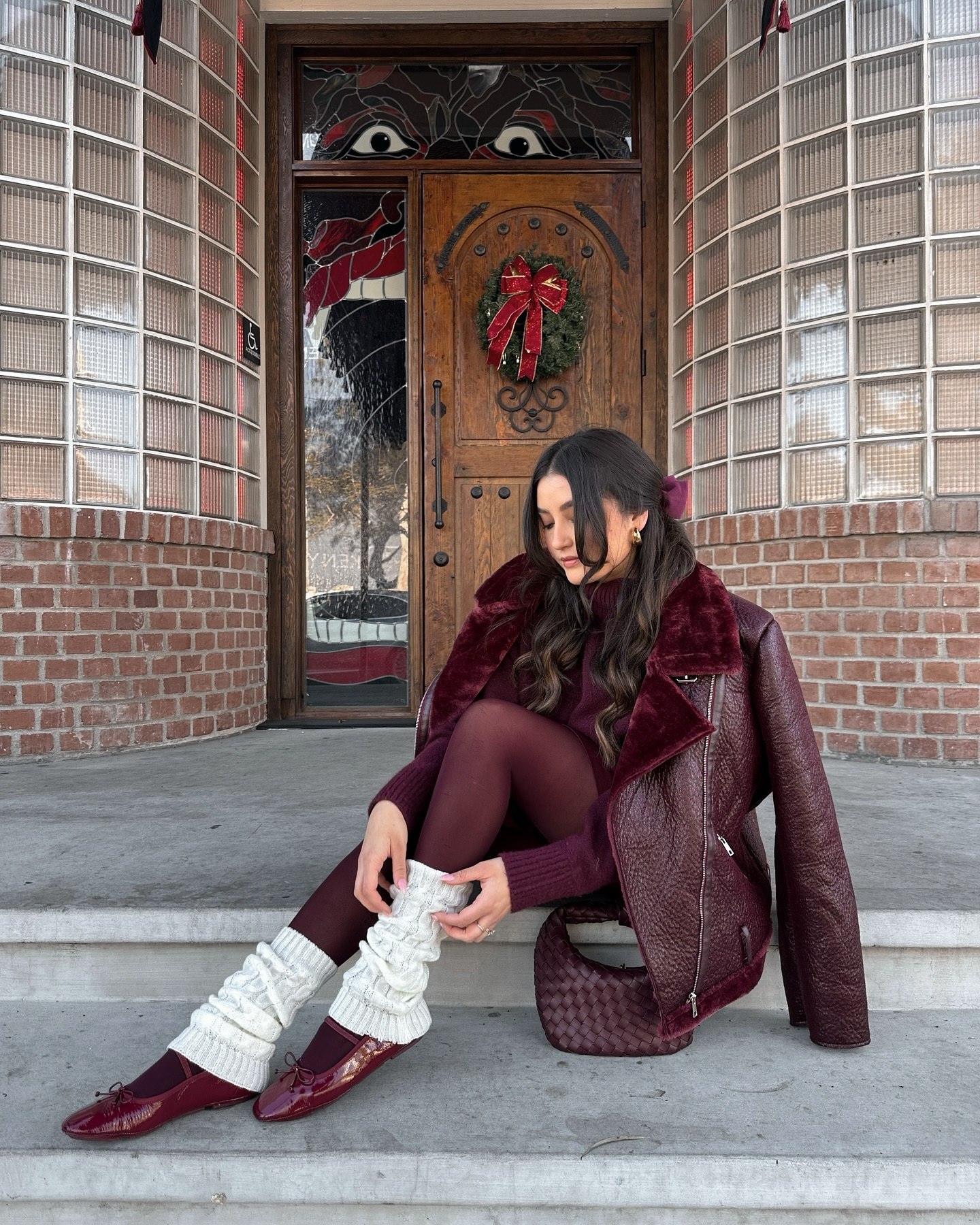 Monochromatic Burgundy Moto Jacket Knit Look