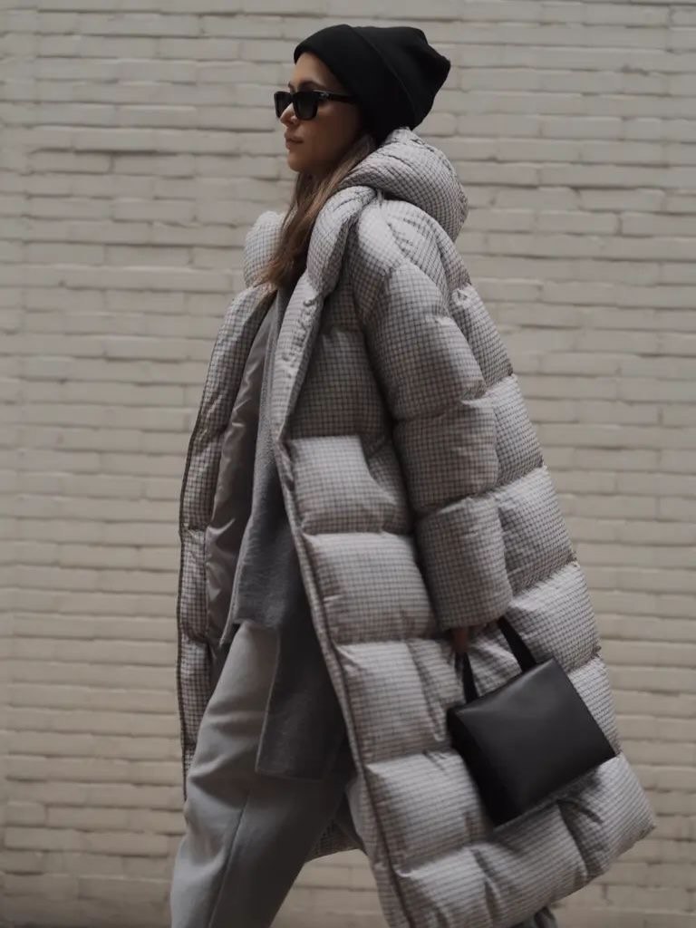 Monochrome Padded Coat And Loungewear Look
