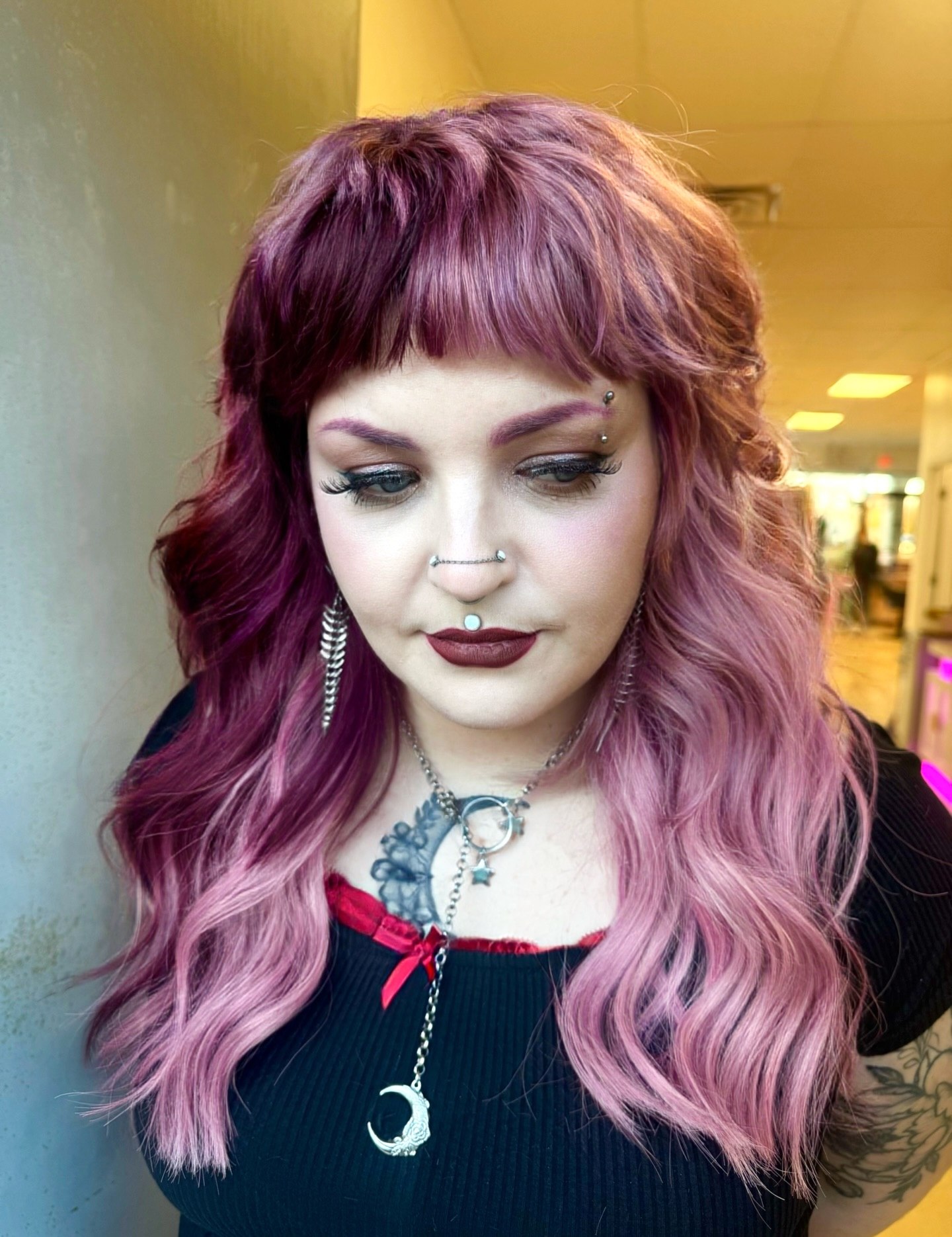 Mullet With Pink Streaks and Wispy Bangs