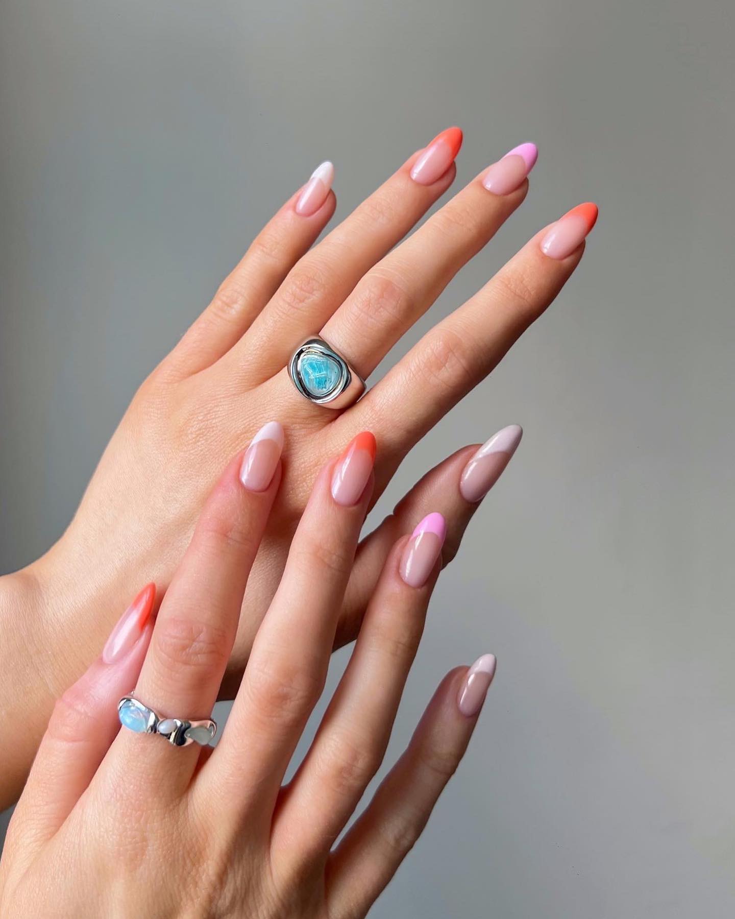 Multi-Color French Tip Almond Nails