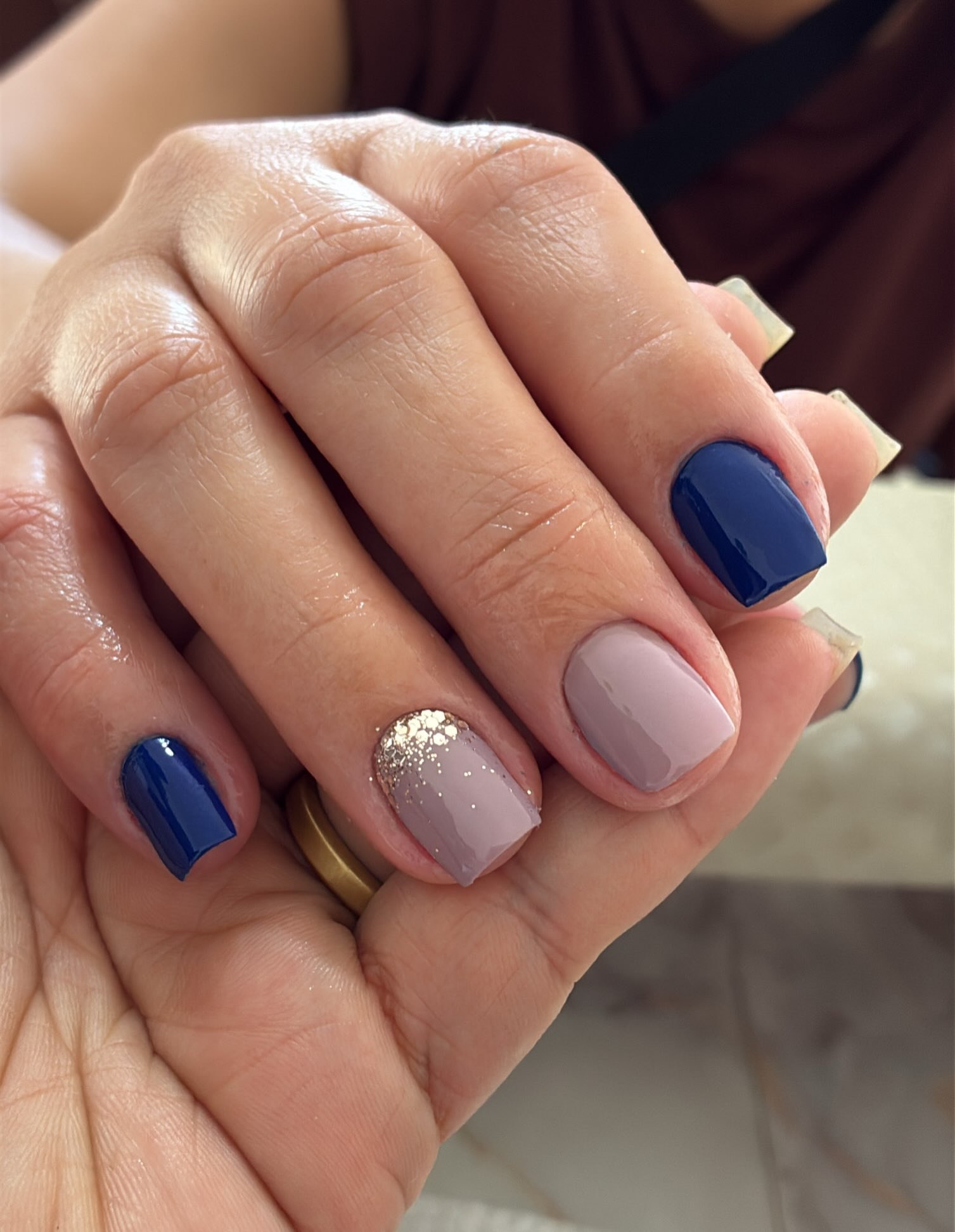 Navy Blue & Taupe Mismatched French Tips with Glitter
