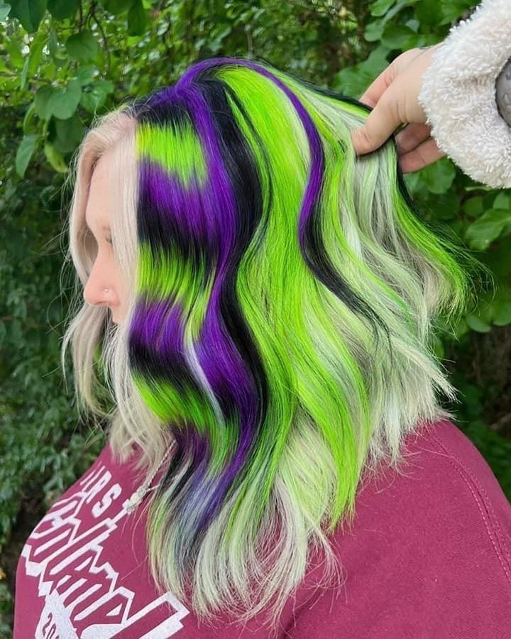 Neon Green And Purple Color Blocked Lob