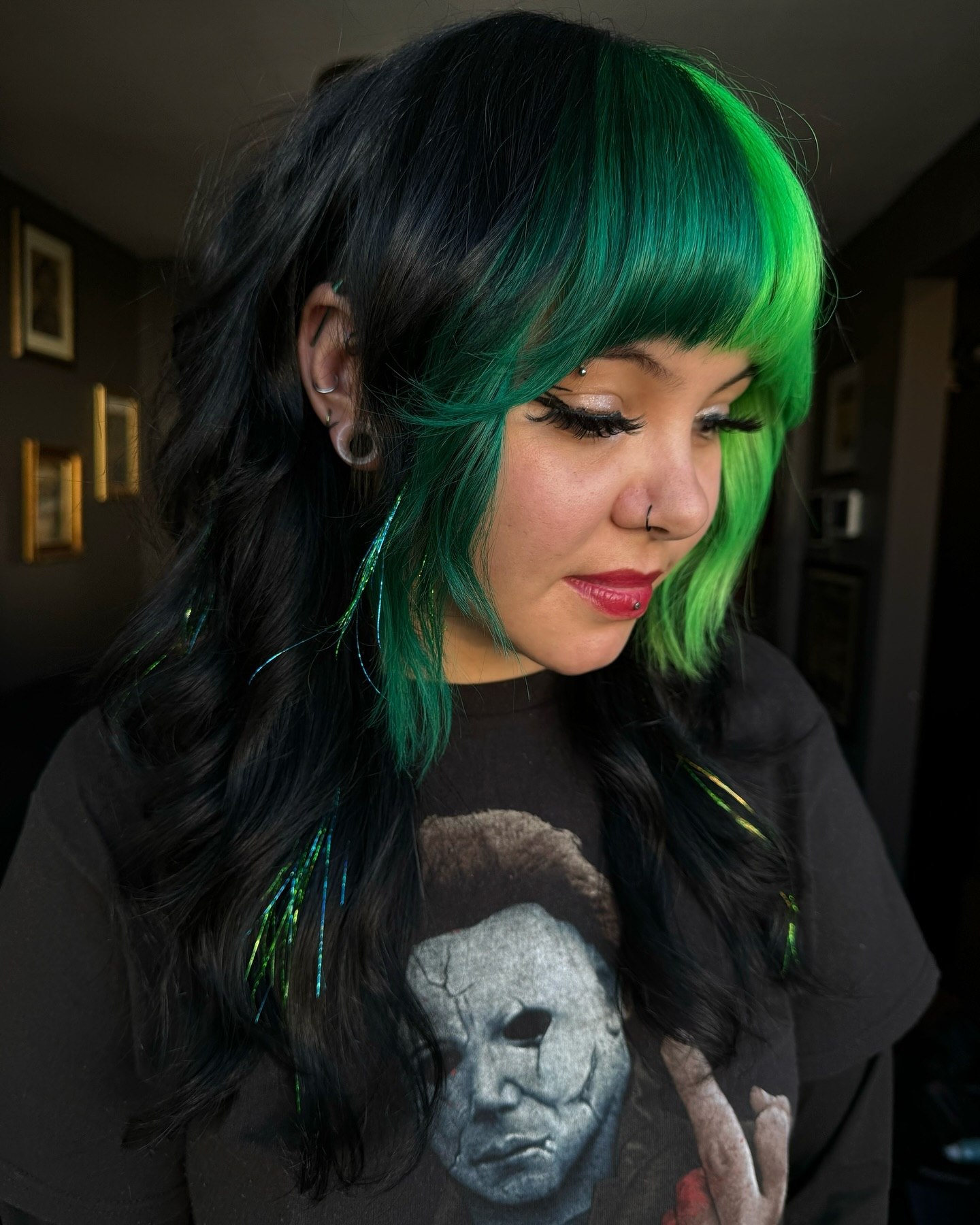 Neon Green Money Piece On Jet Black Shag