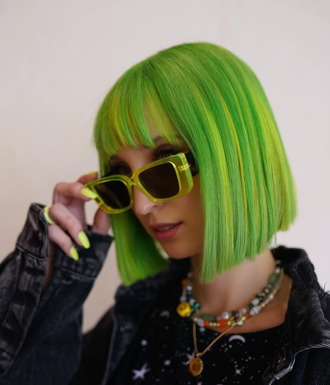 Neon Lime Blunt Bob With Piecey Fringe