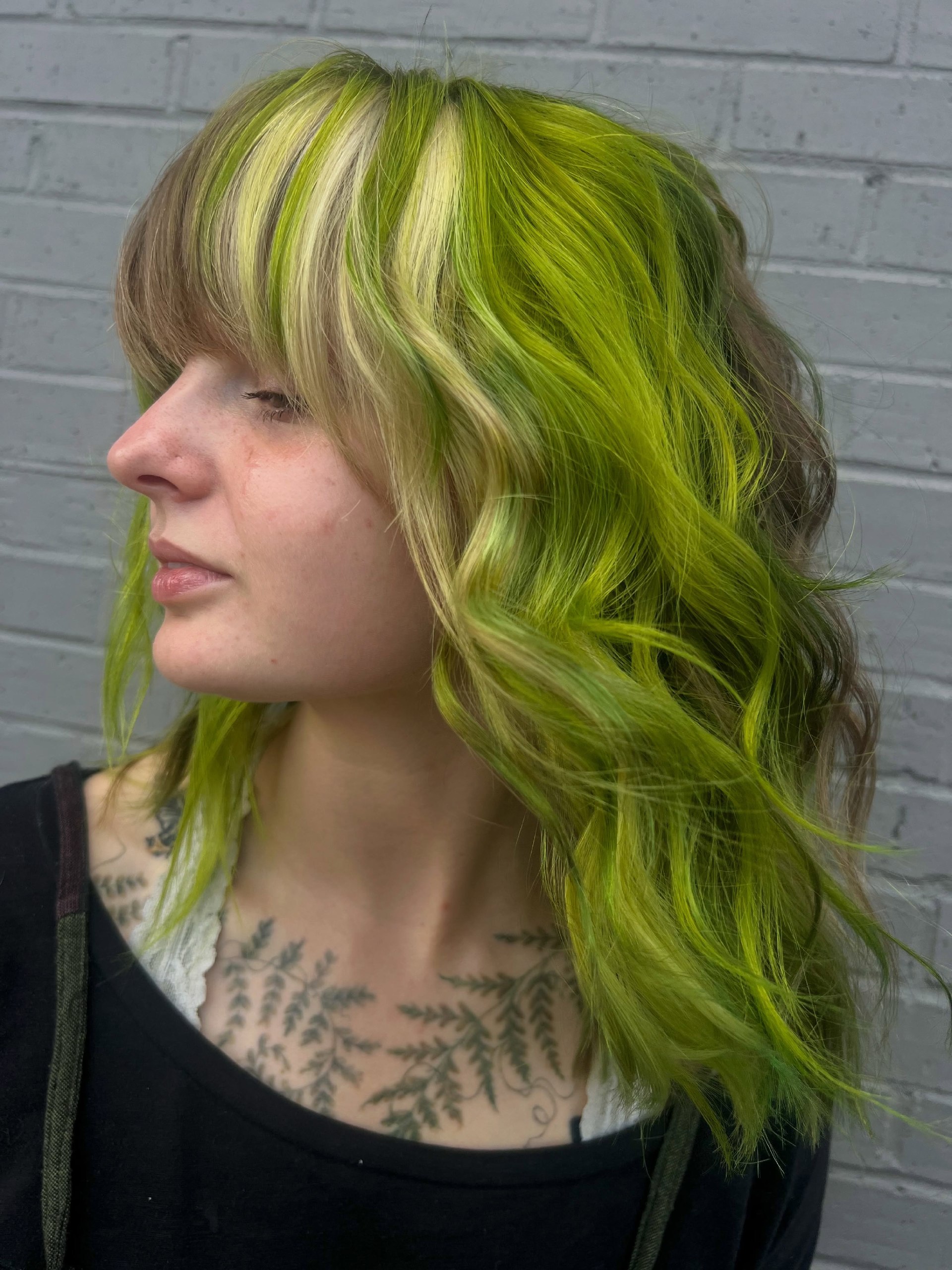 Neon Lime Green Shag With Face Framing Layers