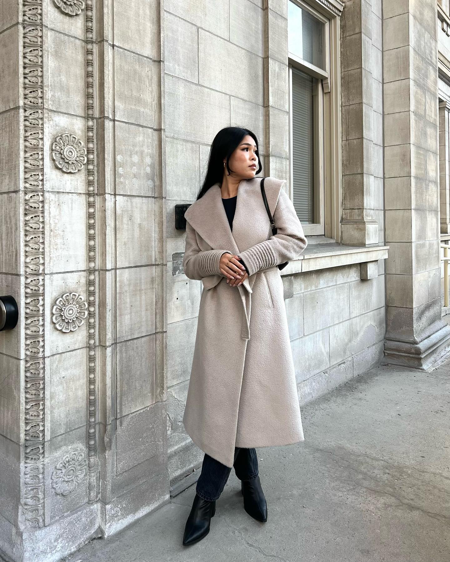 Oatmeal Belted Wrap Coat With Black Boots