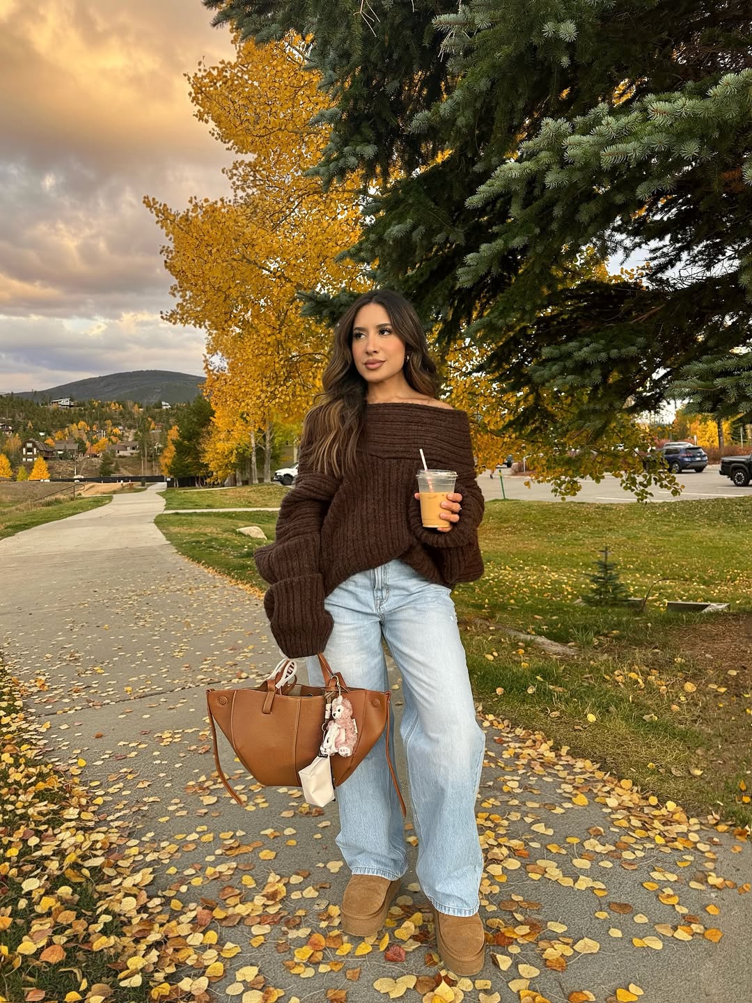 Off The Shoulder Brown Sweater And Light Wash Denim