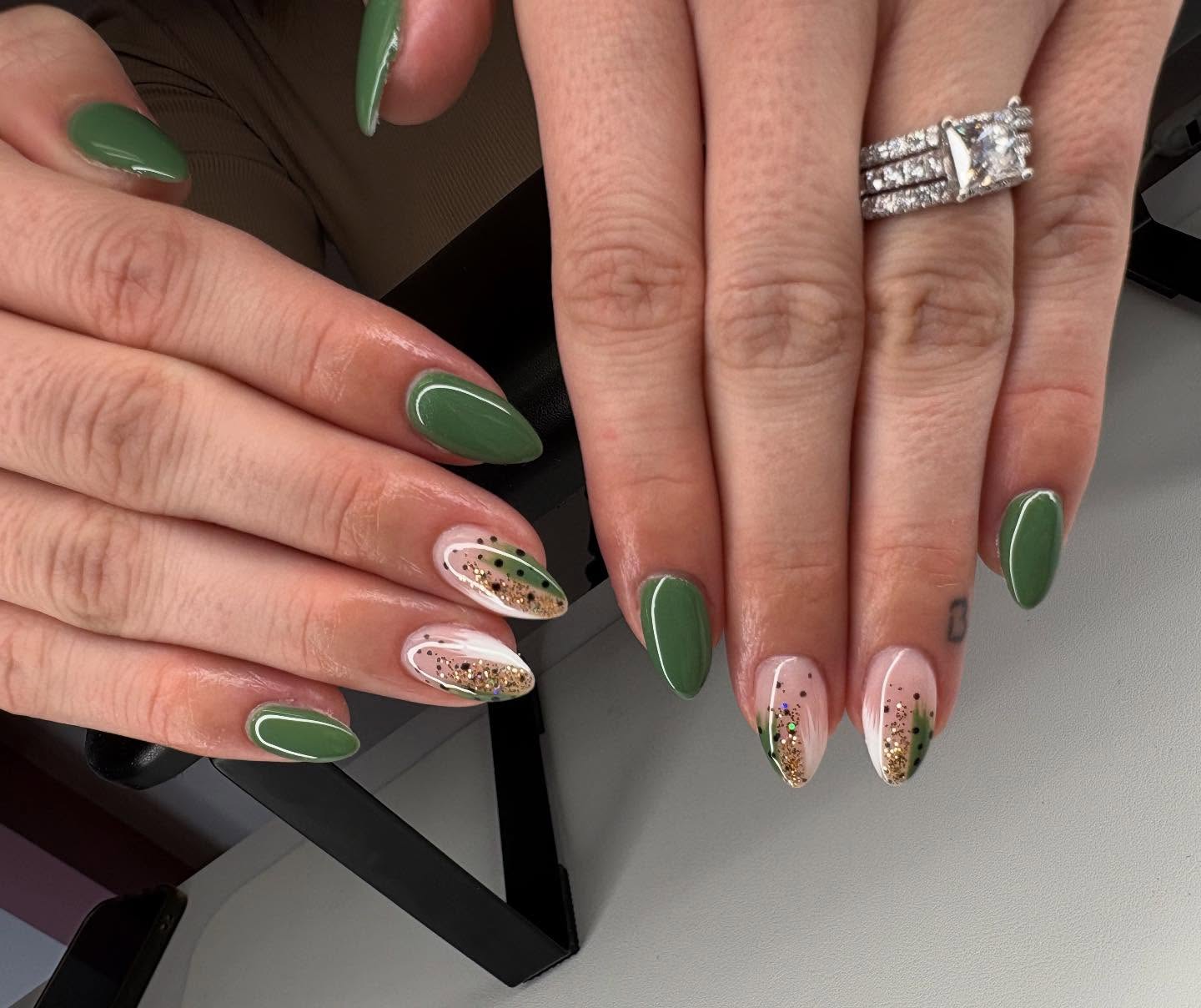 Olive Green Aura Nails with Gold Glitter