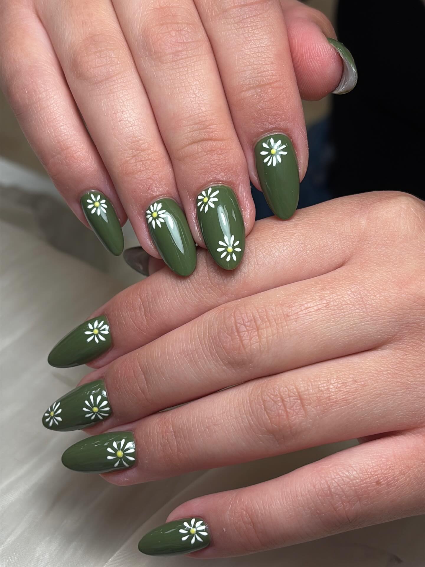 Olive Green Daisy Almond Nails