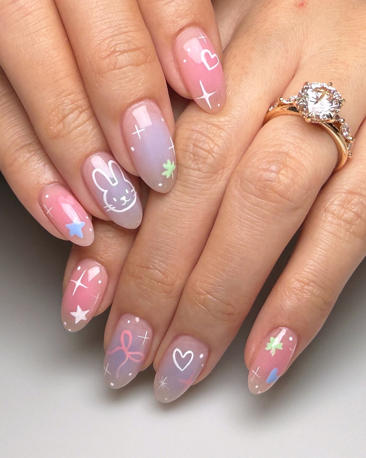 Pastel Bunny & Star Aura Almond Nails