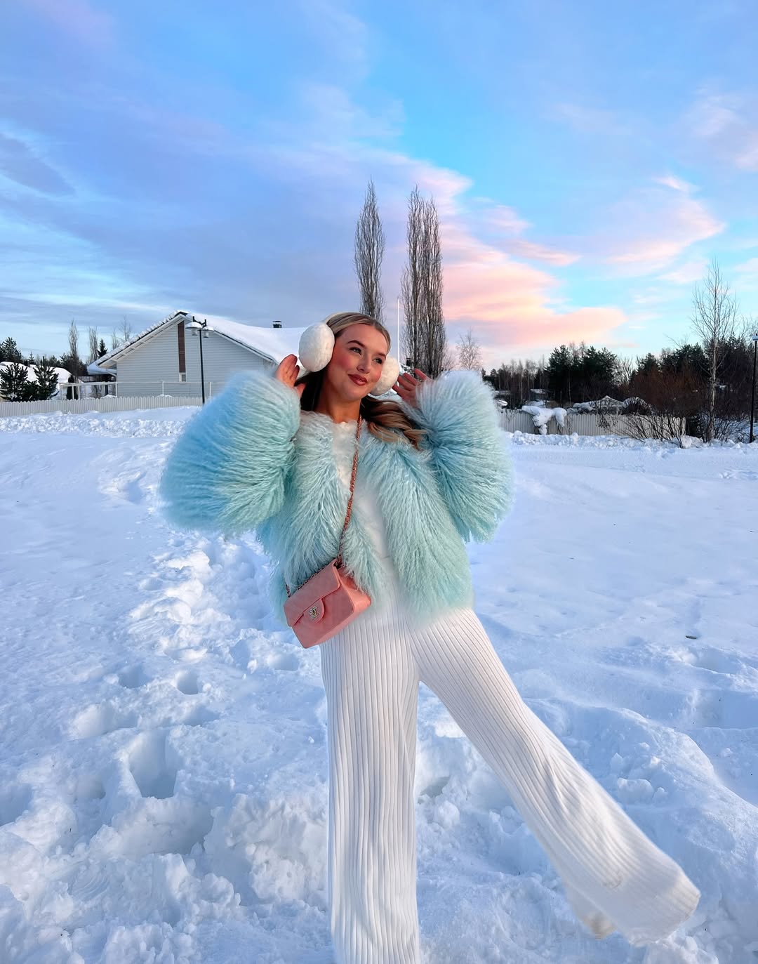 Pastel Faux Fur Coat And Knit Flare Outfit