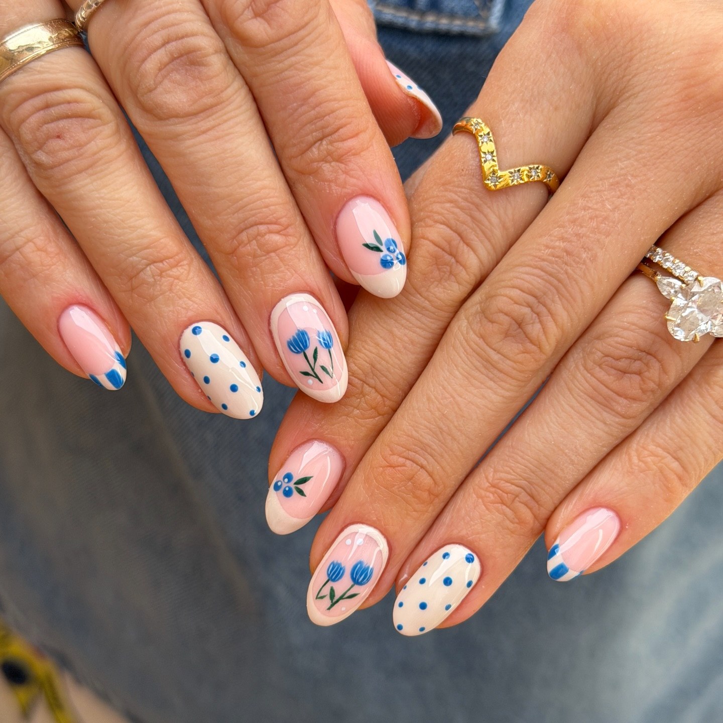 Pastel French Tip with Blue Floral & Dot Accents