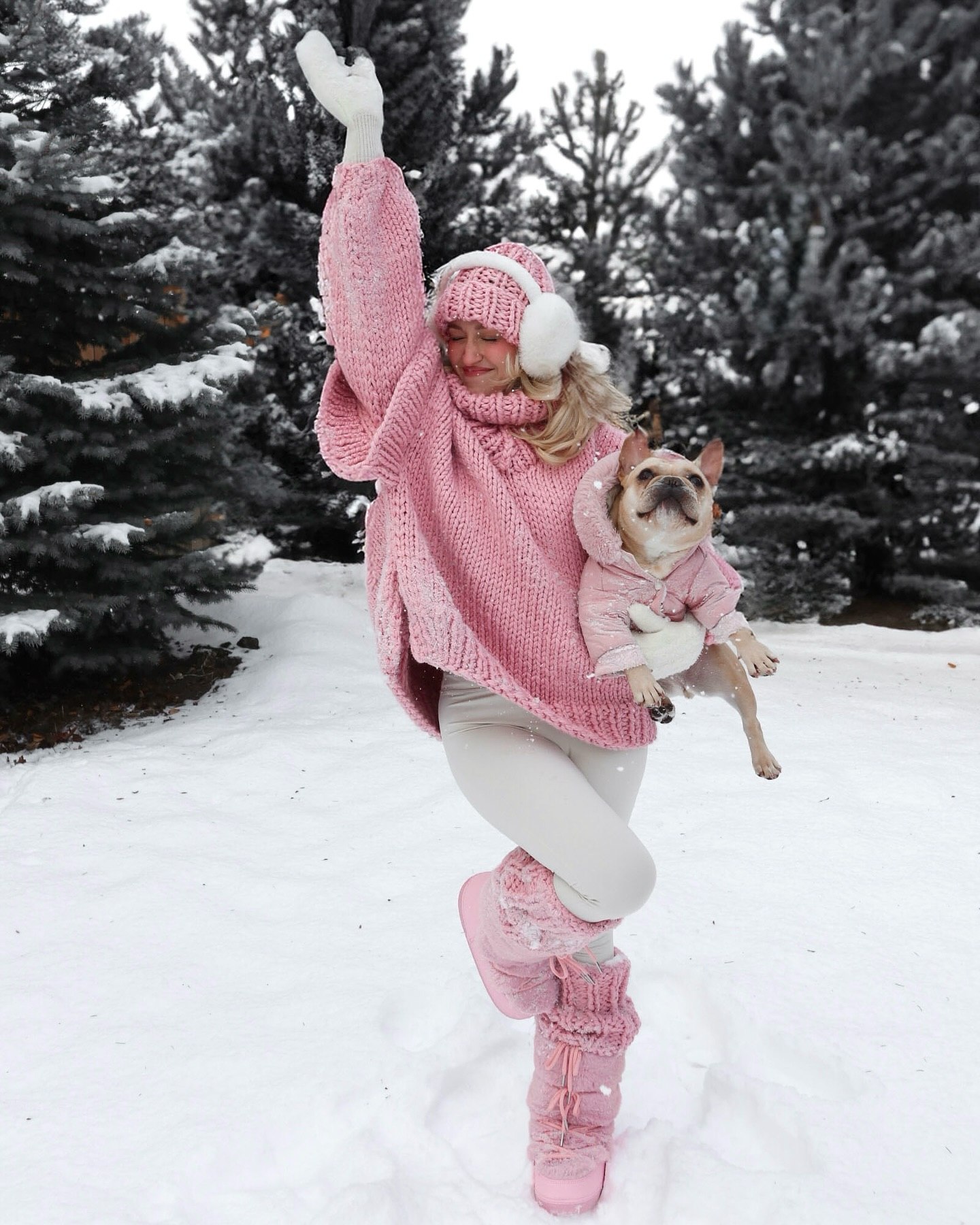 Pink Chunky Knit Sweater And Cozy Snow Boots
