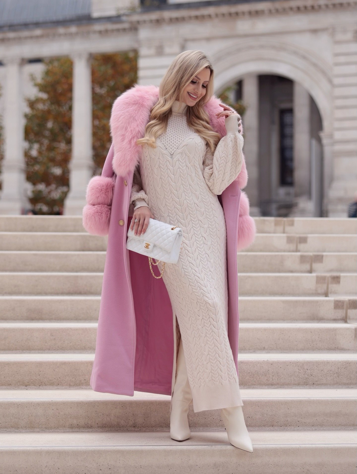 Pink Fur Trimmed Coat With Cable Knit Dress