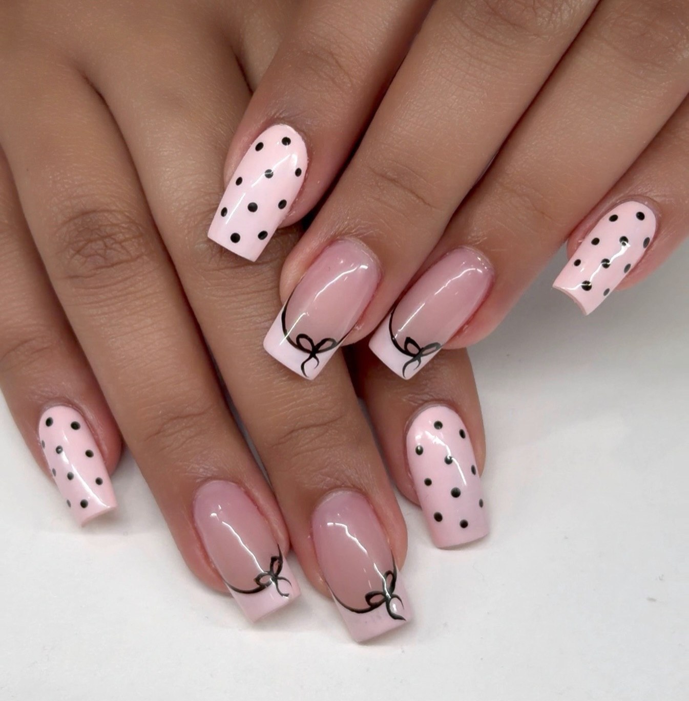Pink Polka Dot French Tip Bow Nails