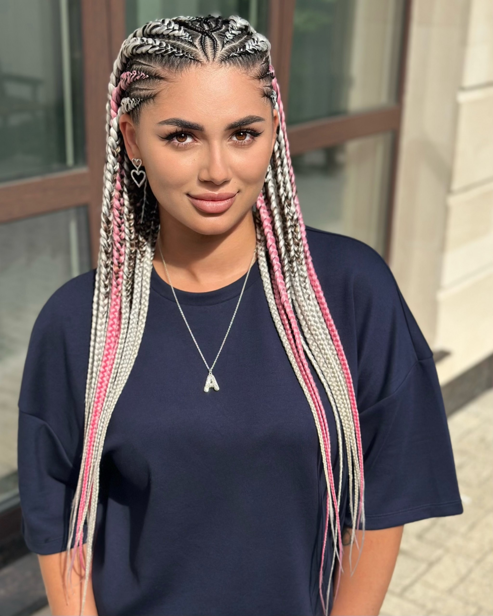 Pink & Silver Micro Box Braids With Heart Charms
