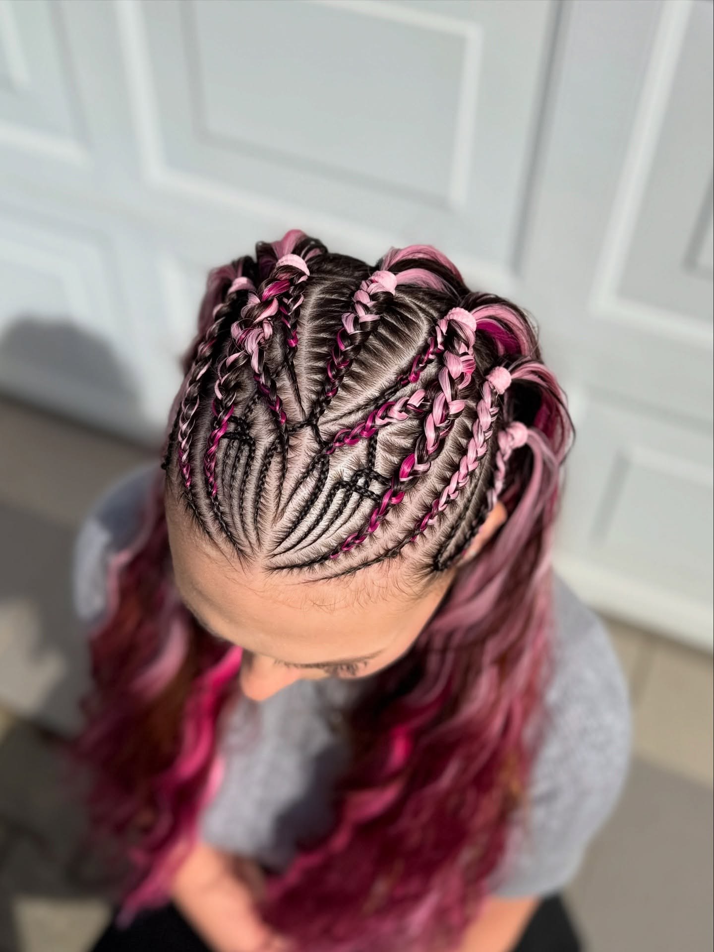 Pink Streaked Cornrows With Loose Waves