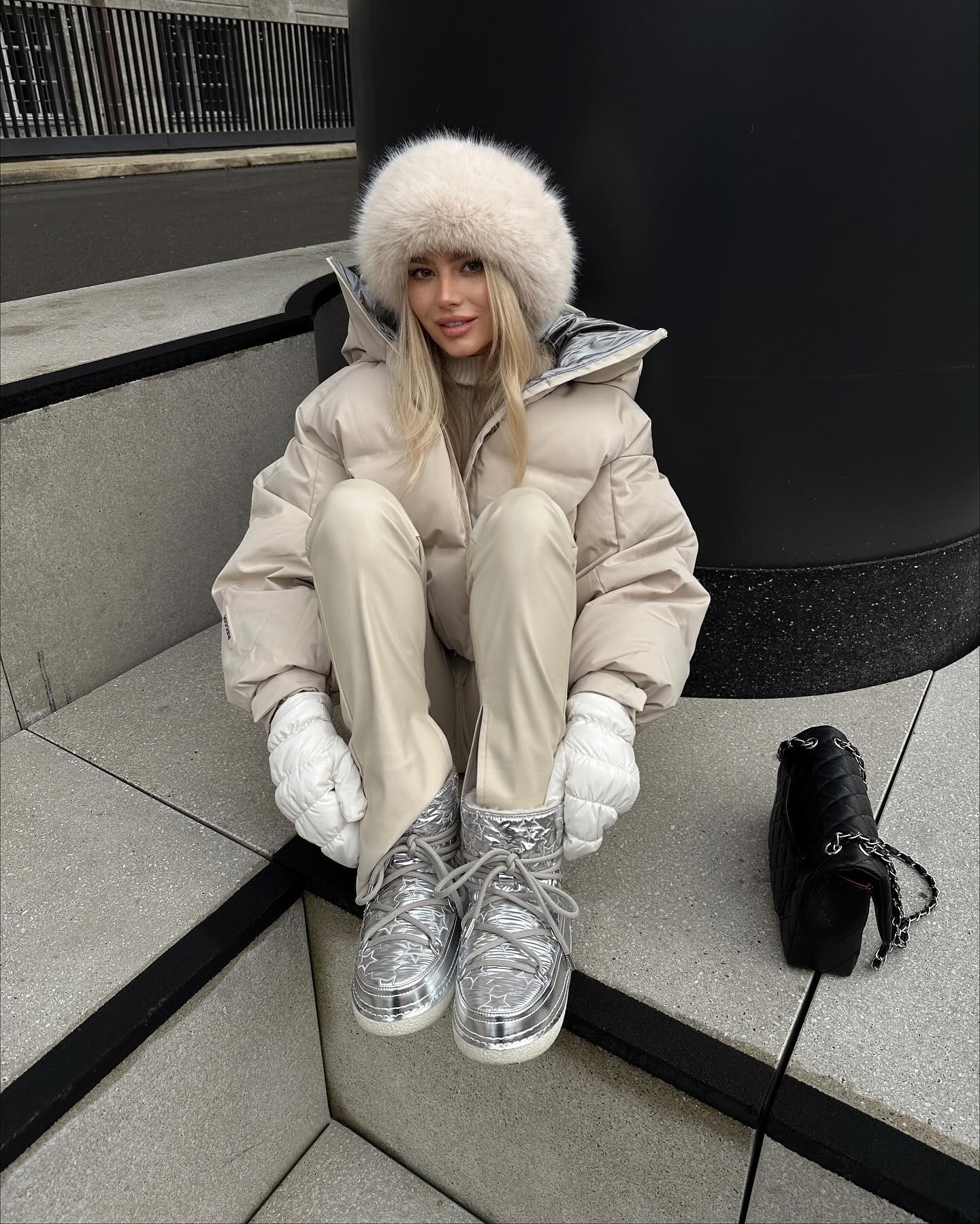 Puffy Winter Coat With Metallic Boots and Faux Fur Hat