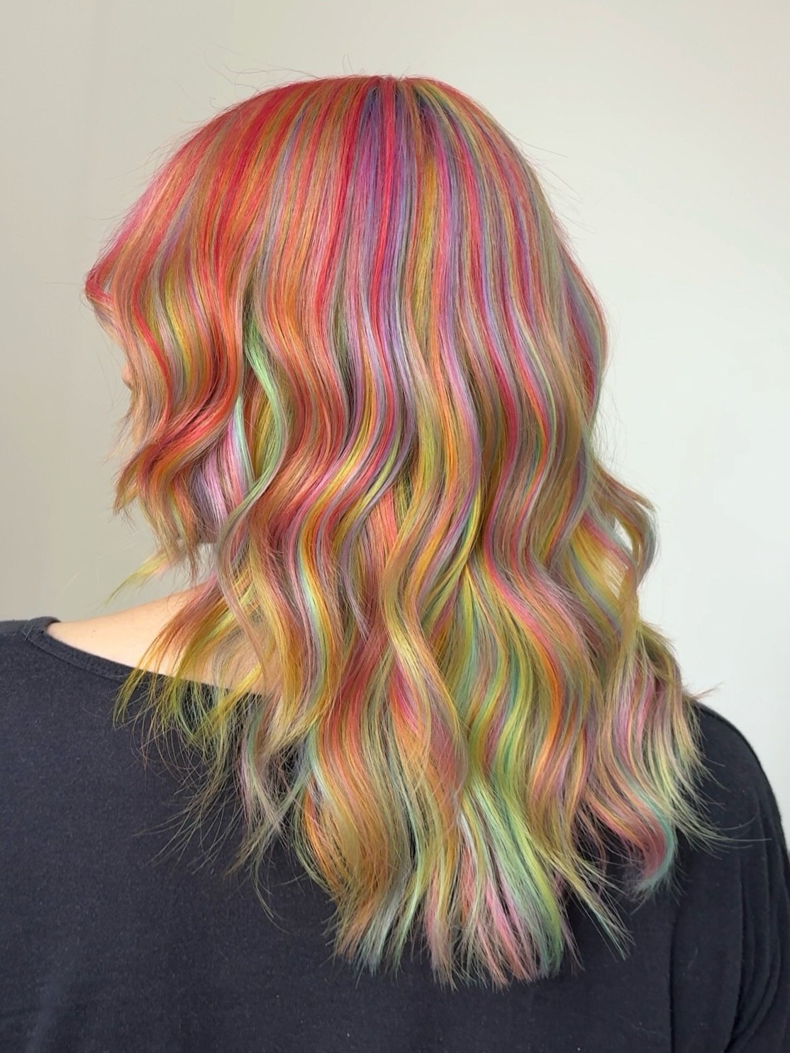 Rainbow Striped Collarbone Length Wavy Hair