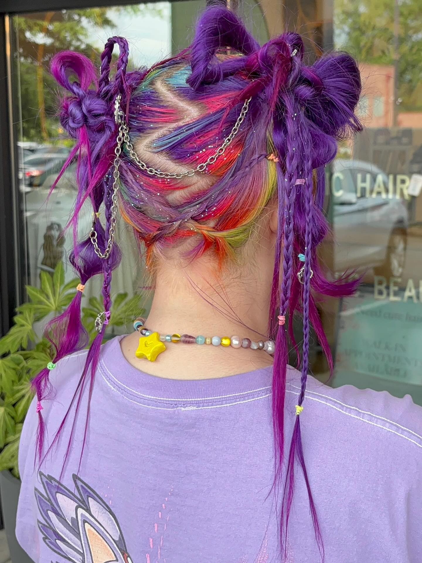 Rainbow Zigzag Part with Purple Braided Space Buns